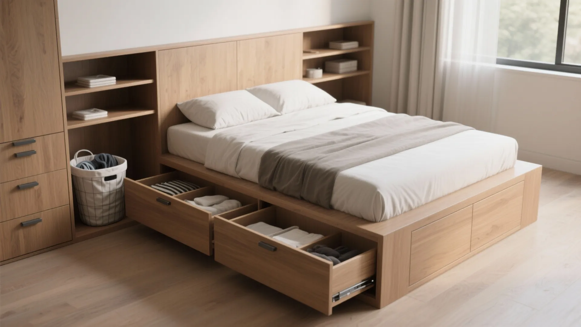 Built-in platform bed with open storage drawers showing organized containers and streamlined design.