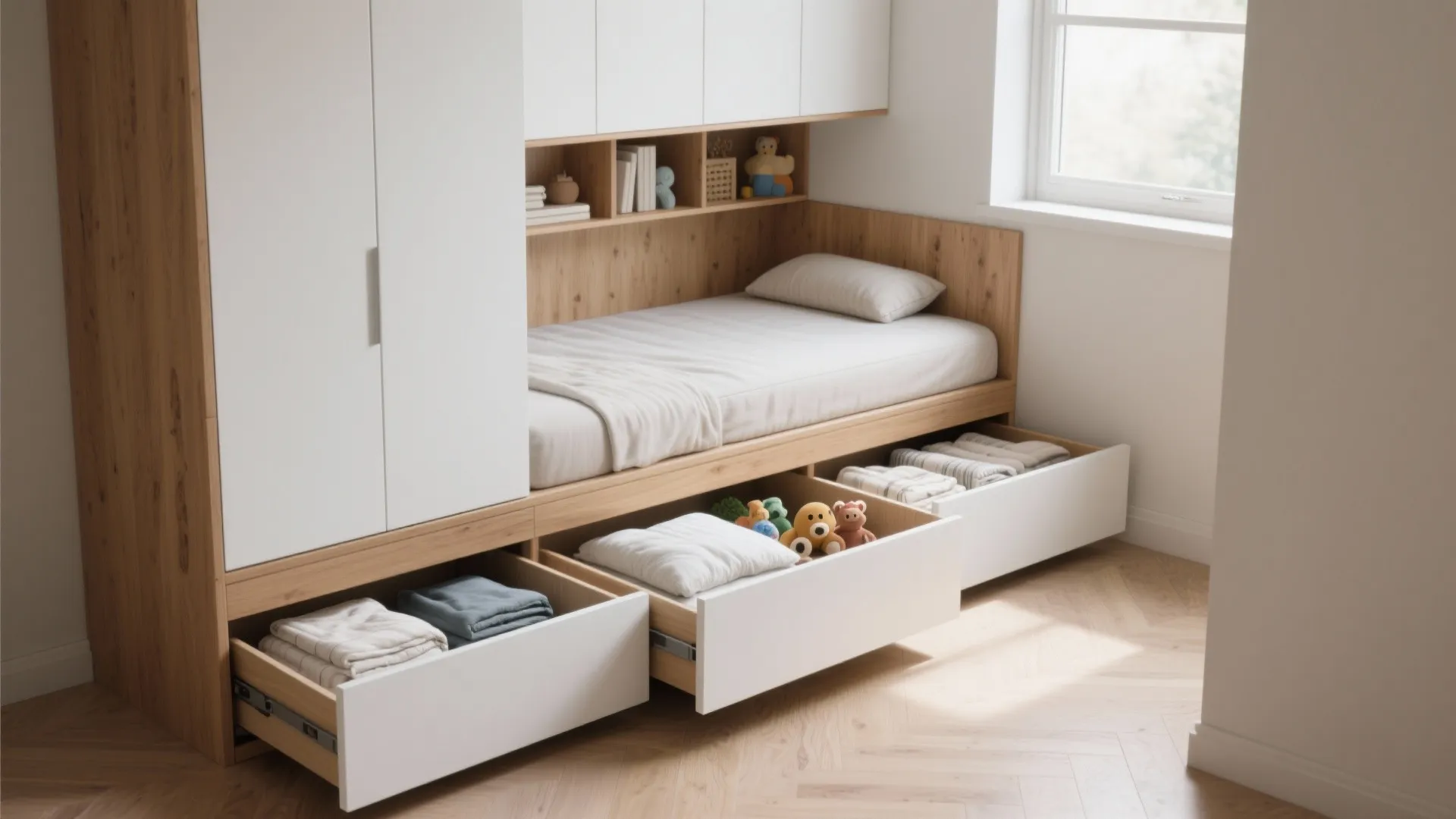 Built-in low daybed with full-width drawers storing linens and toys in a small bedroom.