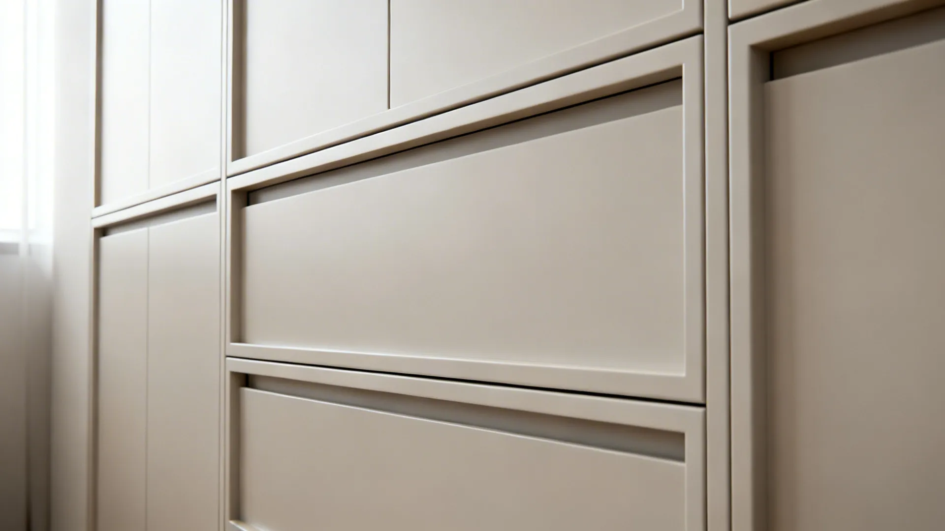 Close-up of integrated built-in drawers with recessed profiles and lacquer finish.