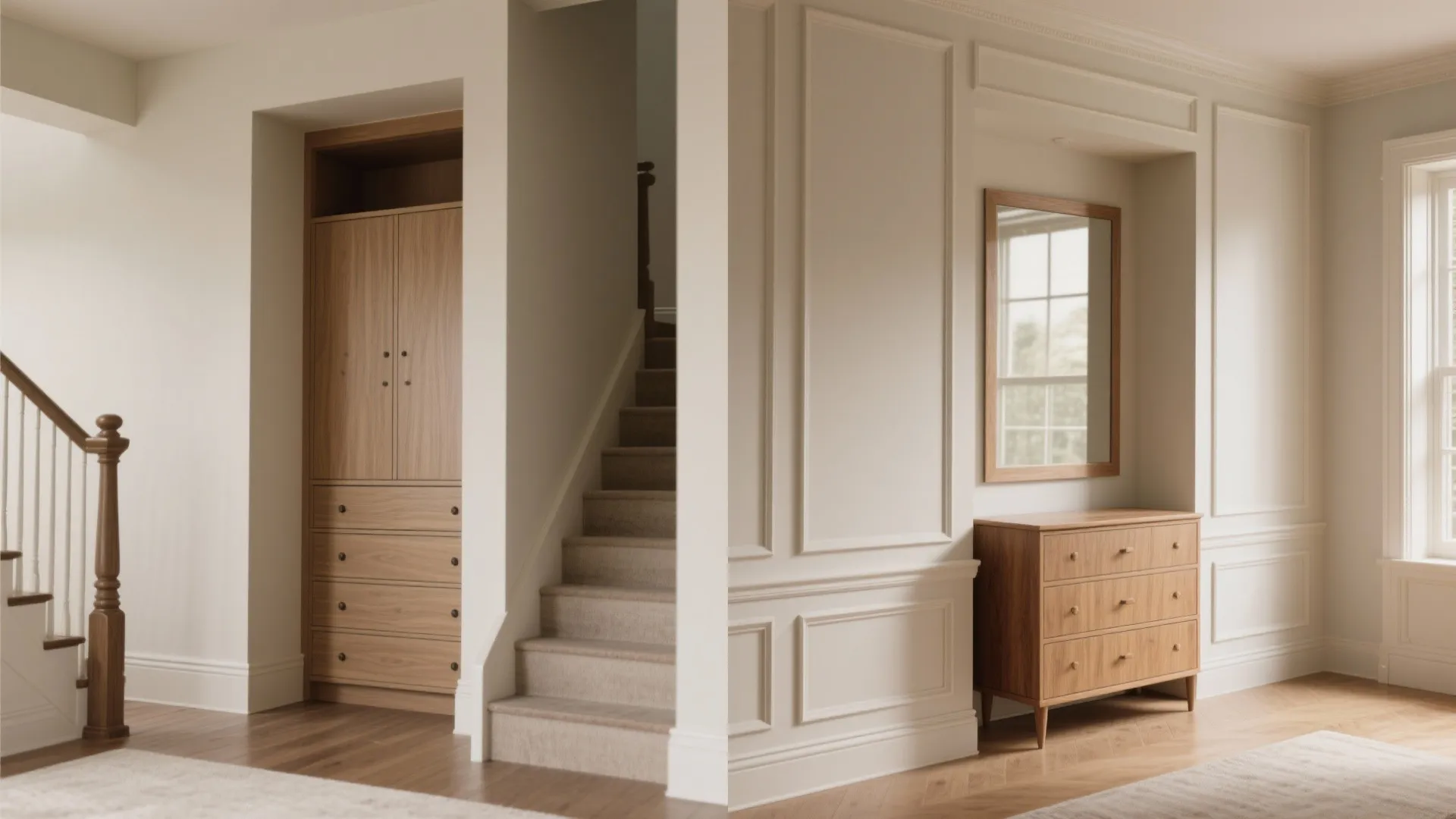 Before-and-after: true built-in under stair versus faux built-in with trim around a shallow freestanding dresser.