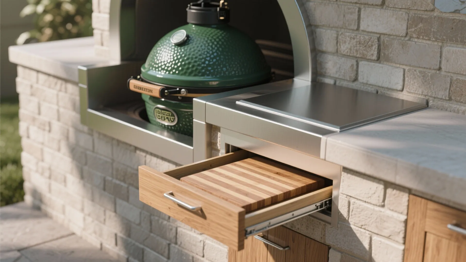 Built-in Big Green Egg in masonry with a pull-out prep drawer and stainless trim.