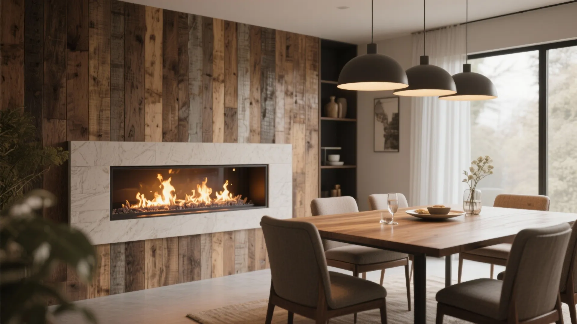 Modern dining room featuring marble built-in fireplace with wood wall panel and black ceiling lights