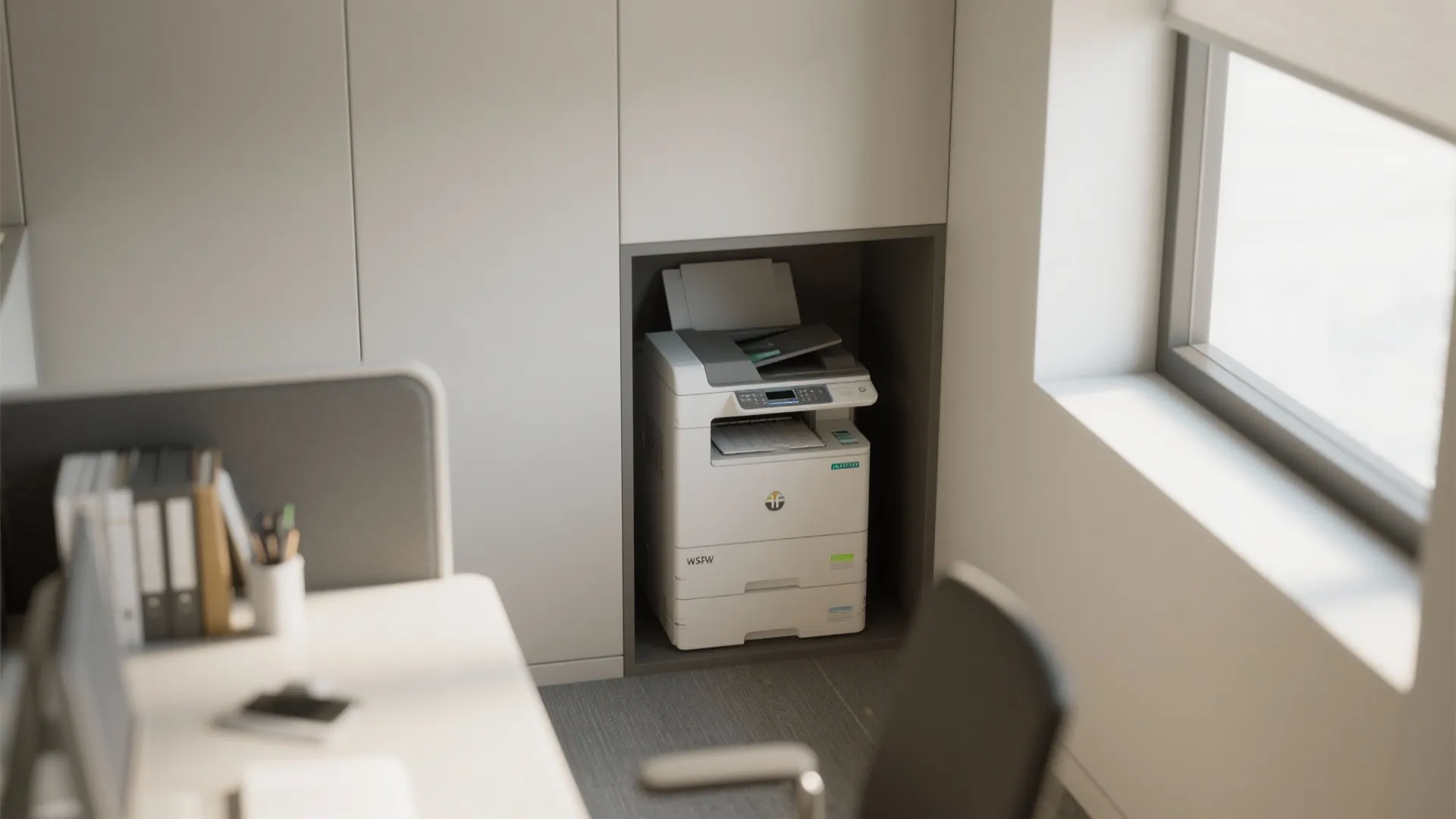 White office printer placed neatly inside a custom built cabinet nook next to a window