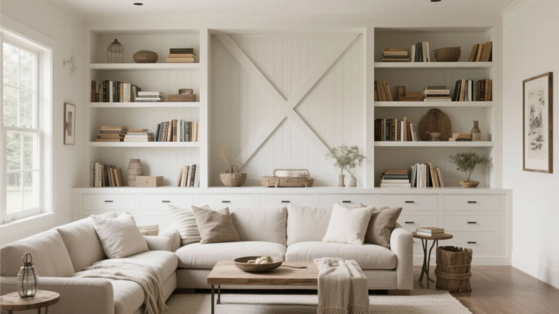 Bright farmhouse living room featuring white built-in wall shelves and a comfortable beige sectional sofa