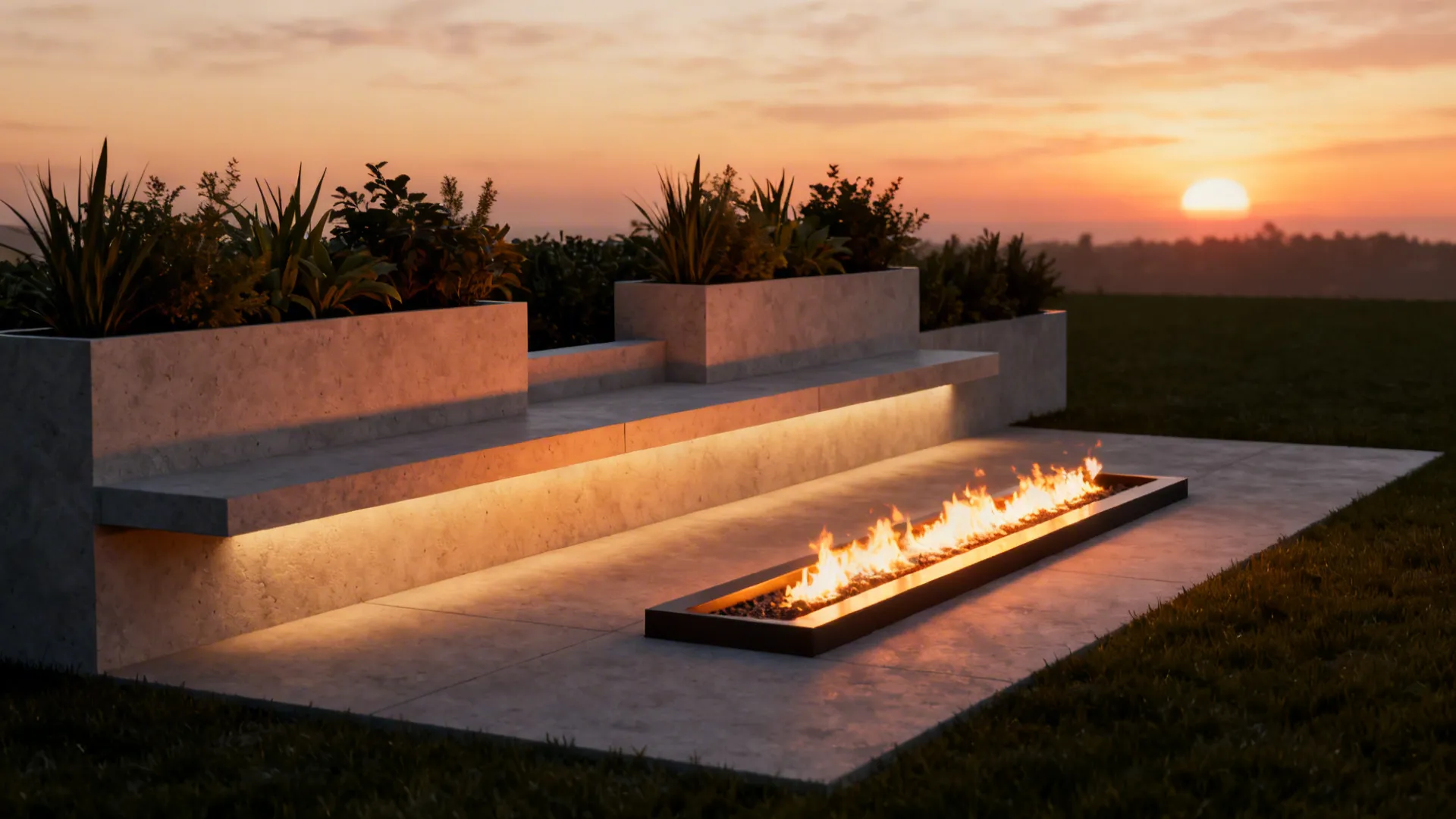 Narrow built-in bench with integrated planter and slim linear fire pit on a small patio.
