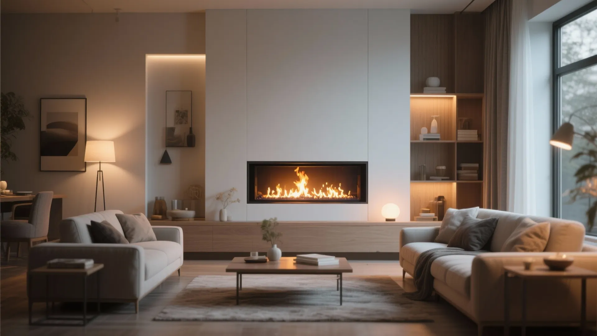 Slim electric fireplace built into a living room wall