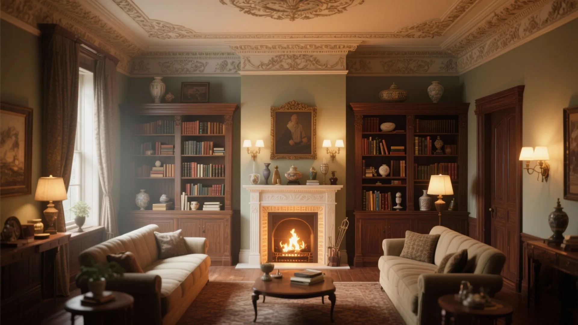 Traditional living room featuring a warm fireplace wooden bookshelves beige sofas and classic wall light fixtures