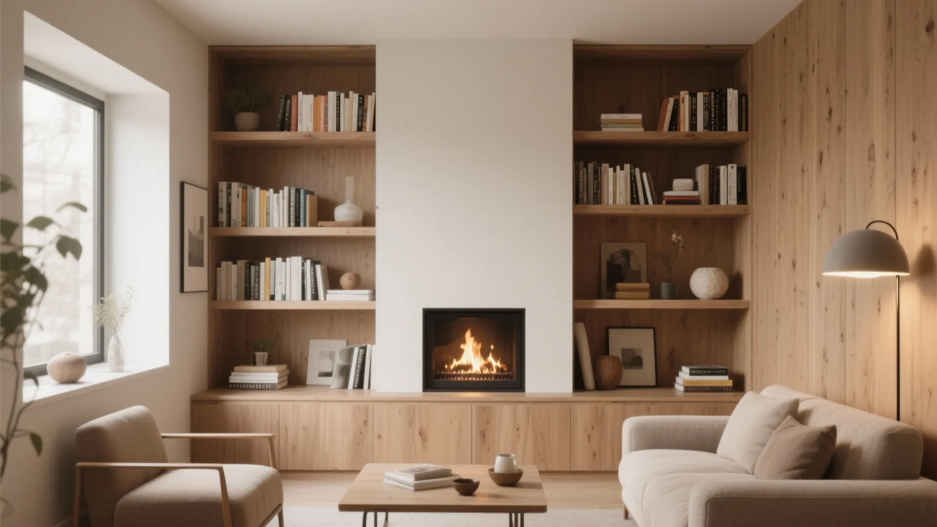 Modern living room featuring built-in wooden bookshelves surrounding a white fireplace with warm cozy lighting