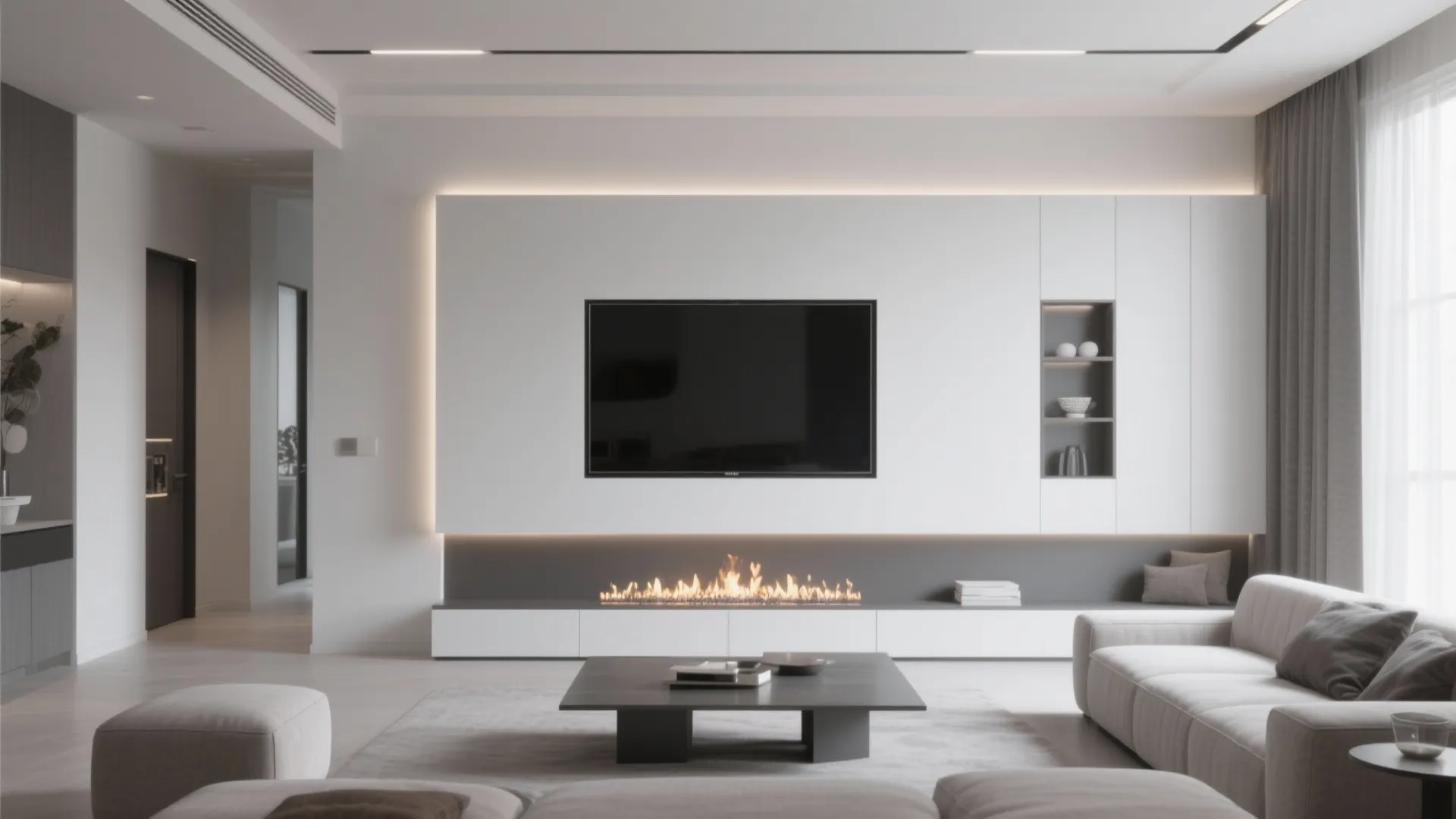 Modern living room with built-in wall niche fireplace and TV