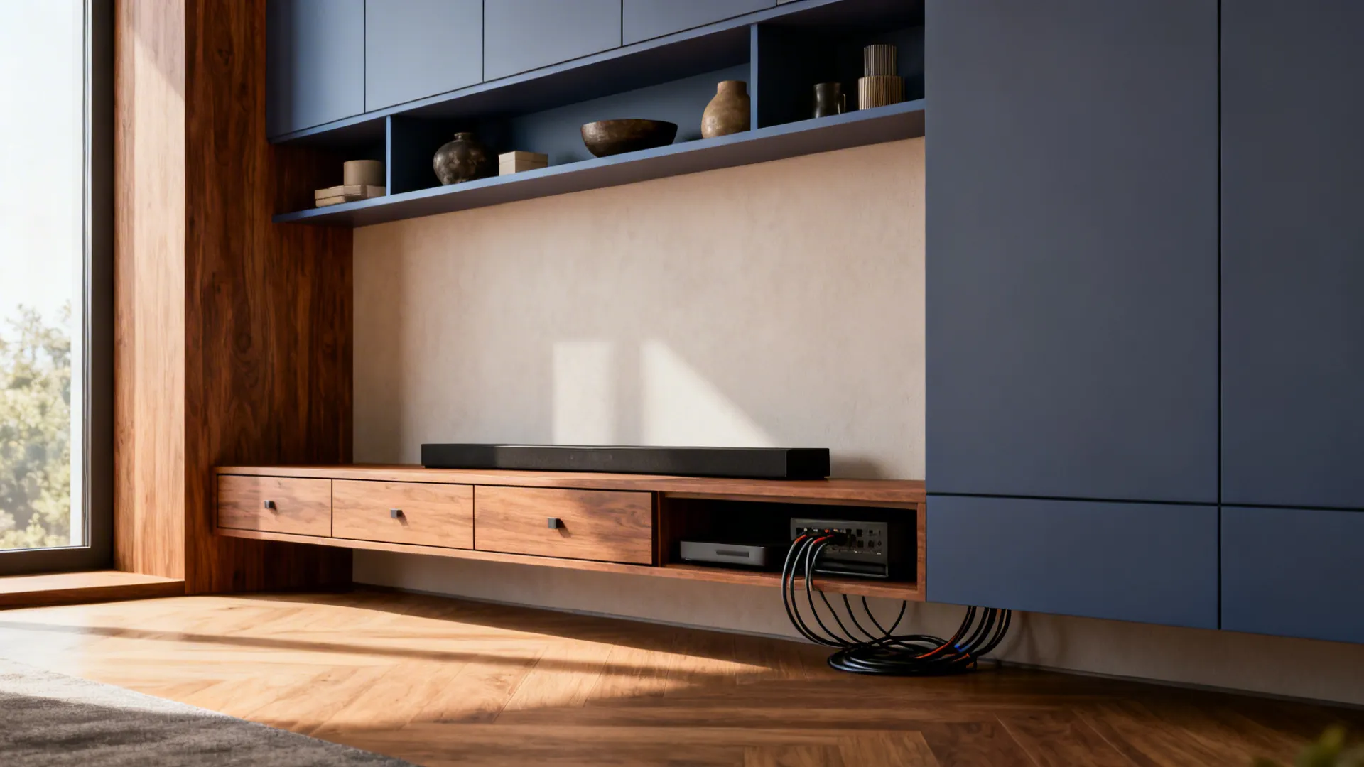Blue wall cabinet and shelves above wooden floating cabinet holding speakers and black electronic cables