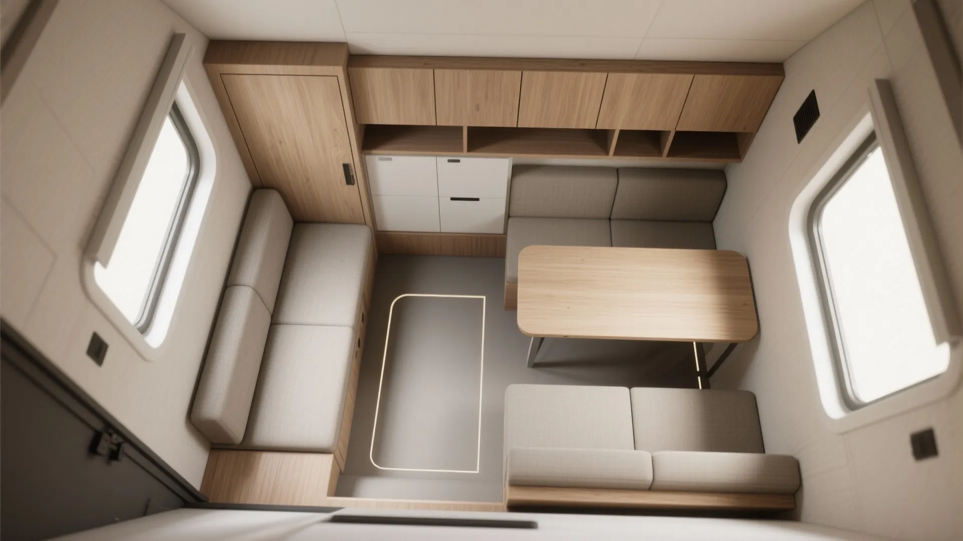 Top view of small room with wooden table two grey sofas and many wall storage cabinets