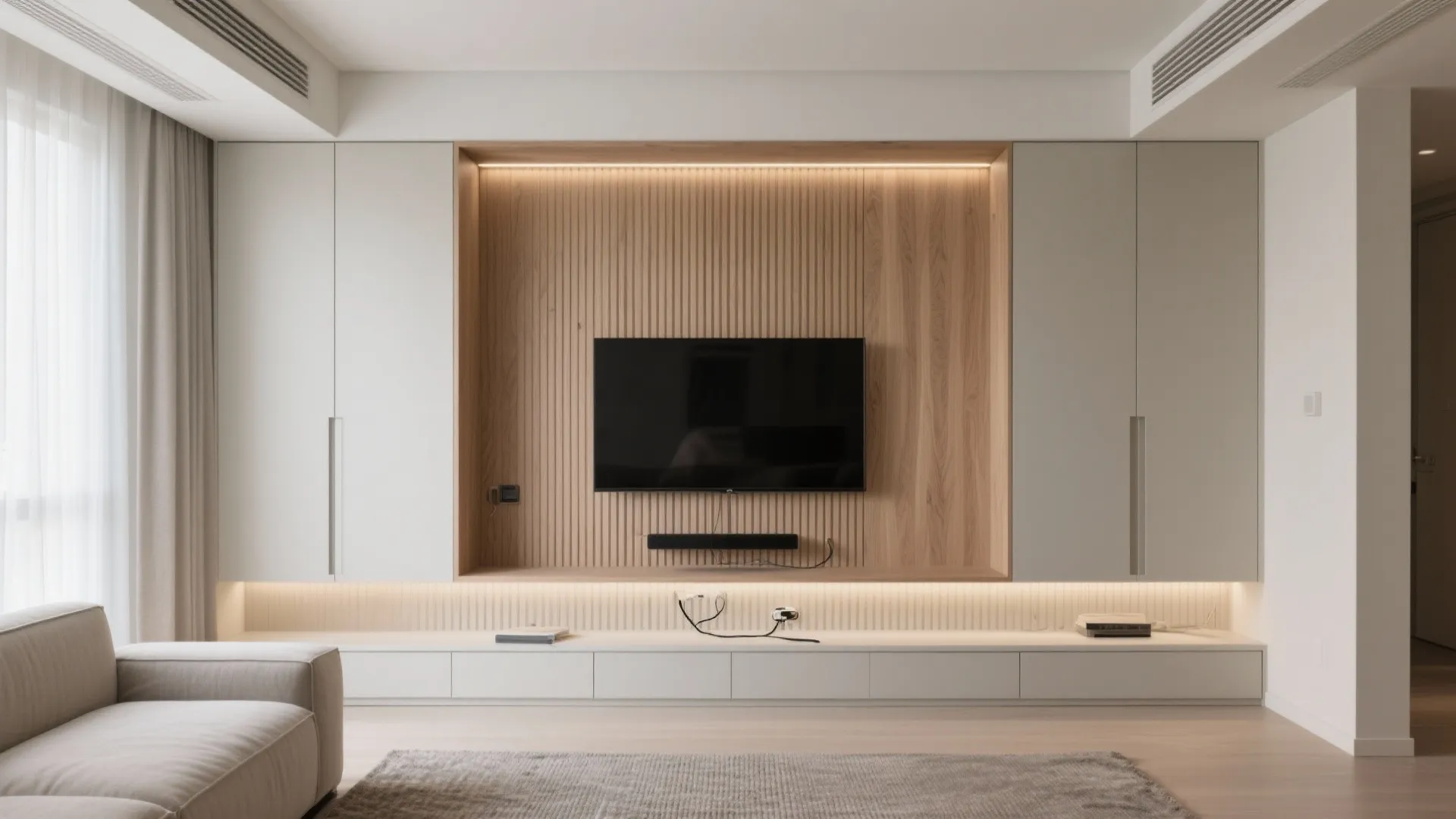 2) Built-in media wall with fluted panels and concealed storage