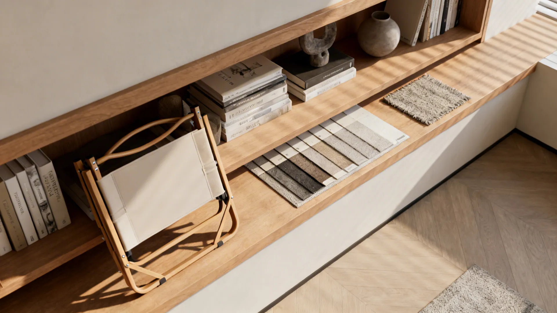 Shallow built-in shelving with a folded reading chair and material samples in a flatlay.