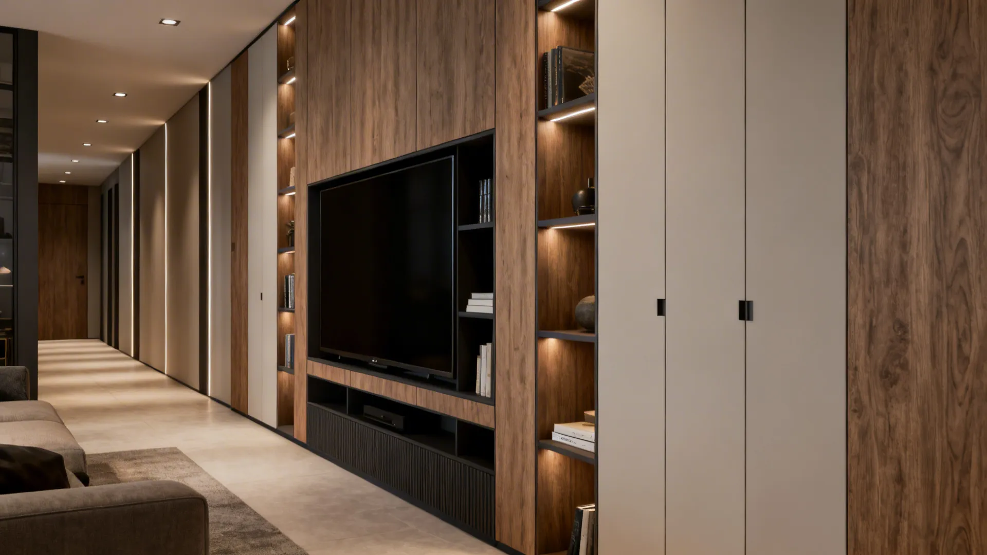Built-in shelves and hidden cabinets with a flush-mounted TV creating gallery-like circulation