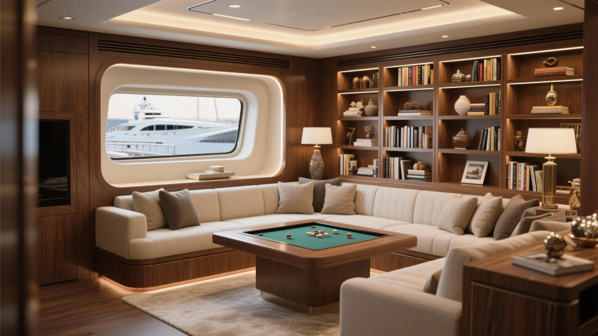 Custom recessed game table built into a living room nook with bookshelves