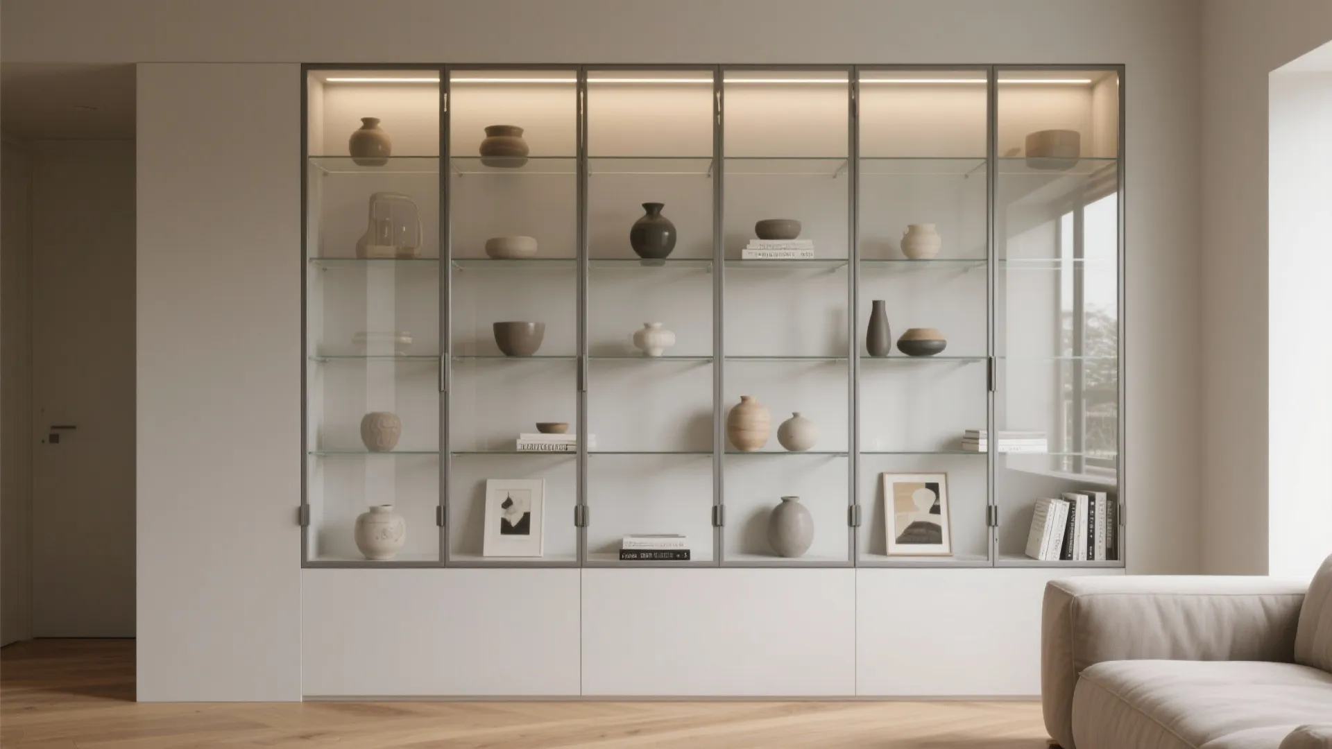 Minimalist built in glass cabinet with integrated lighting showing vases and books on glass shelves inside