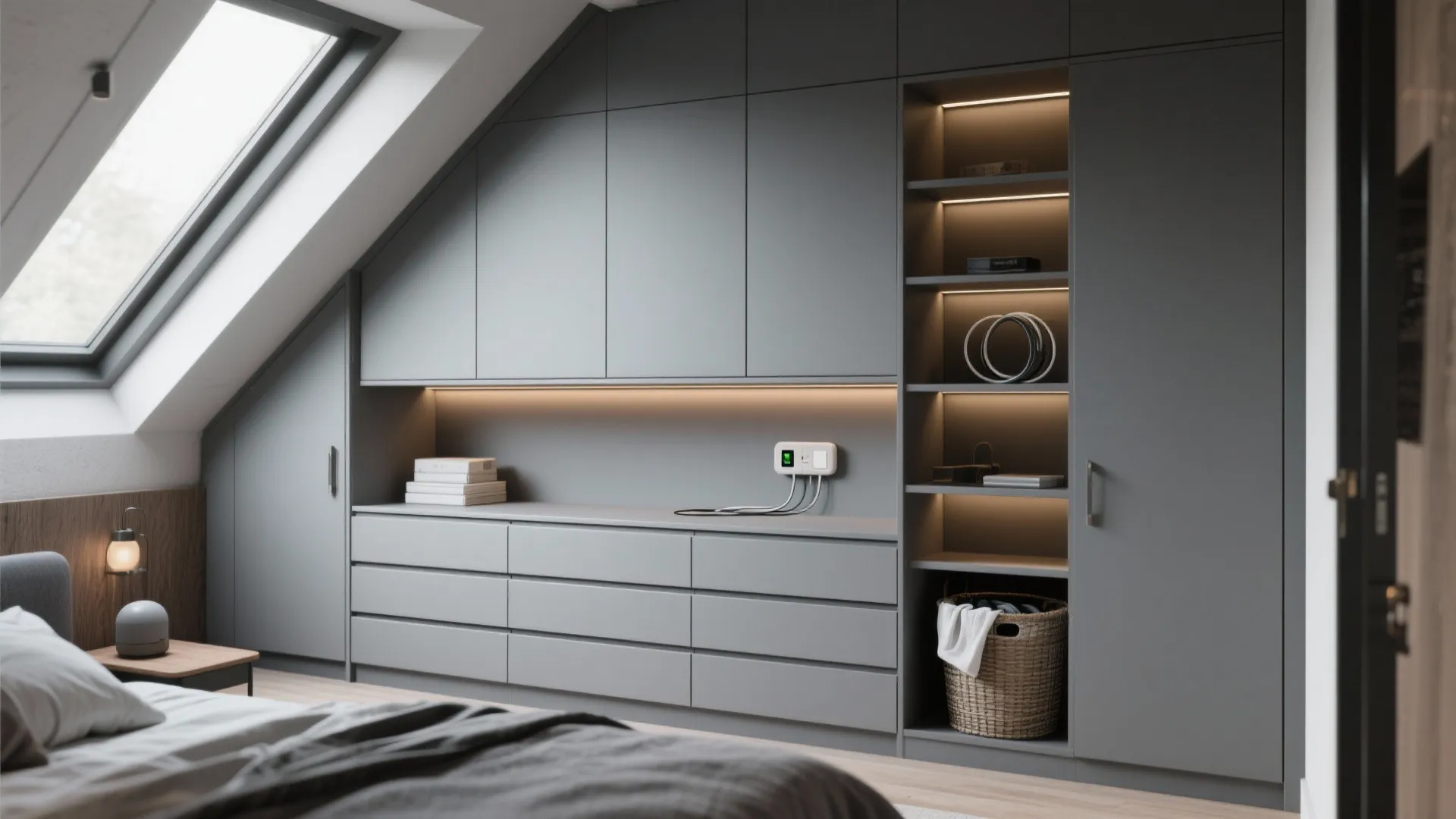Custom built-in grey dresser with integrated shelving and hidden storage in a loft.
