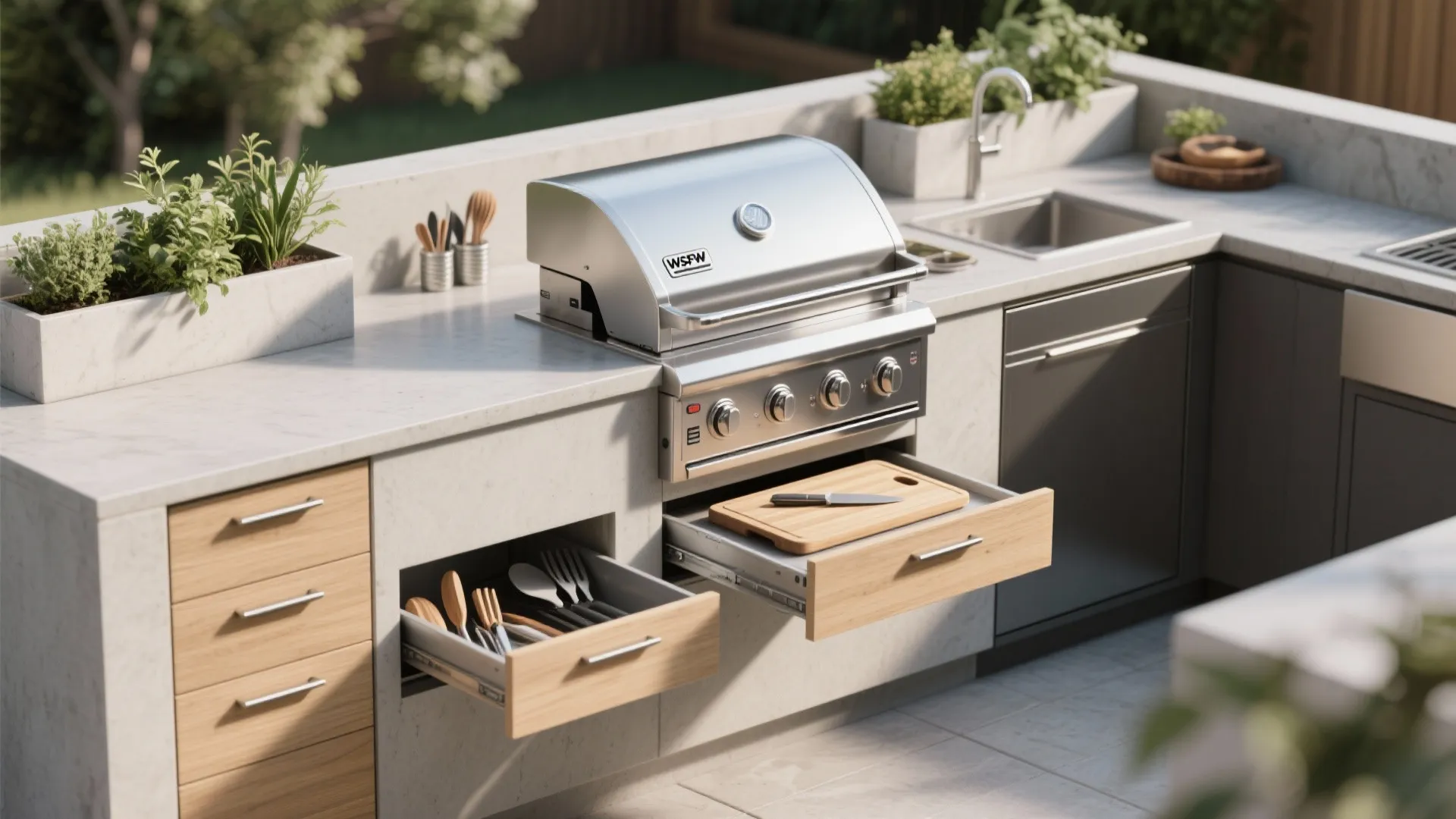 2. Built-in grill with multifunctional storage