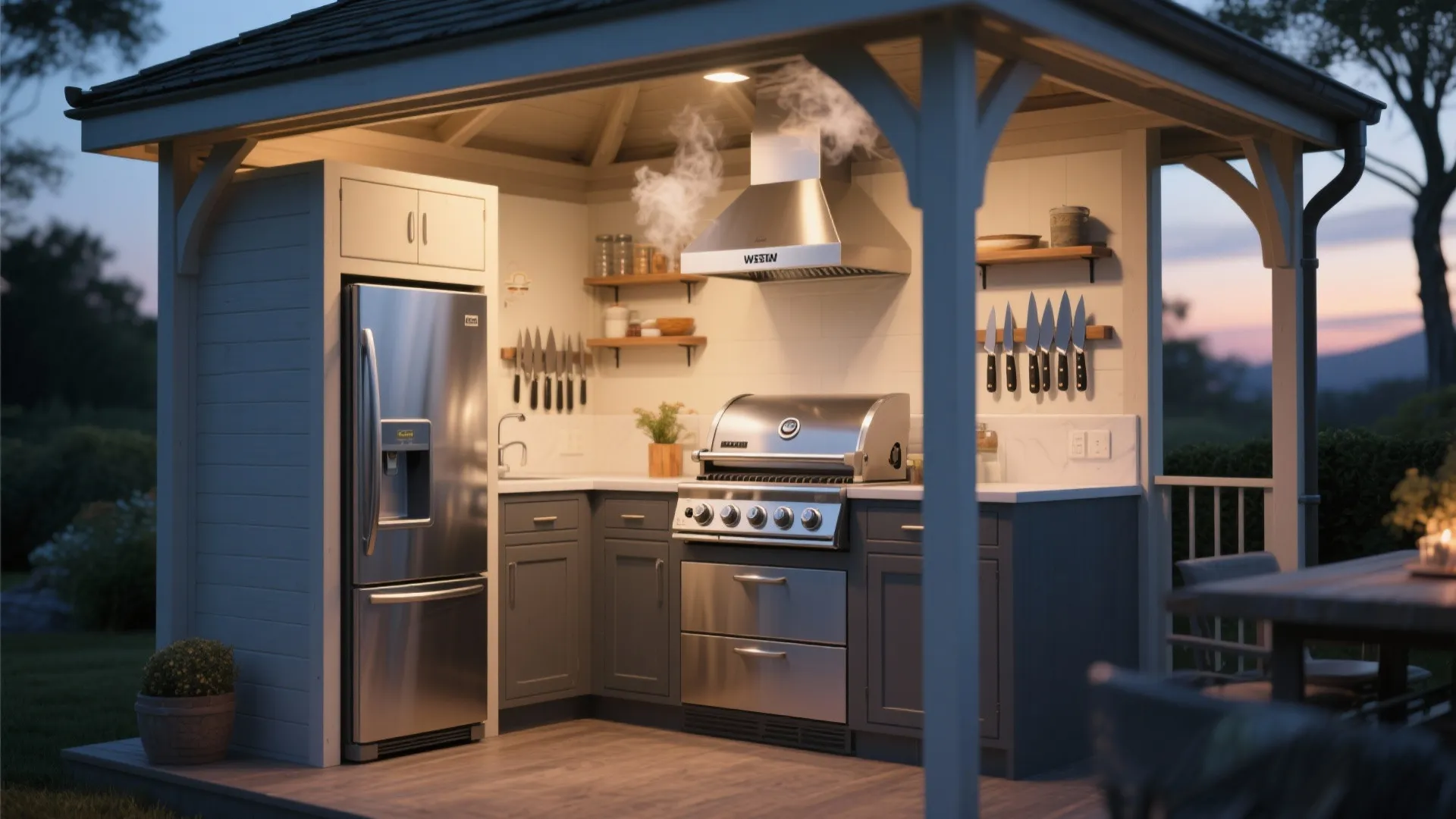 Compact gazebo kitchen with built-in stainless grill, slim fridge and vertical shelving.