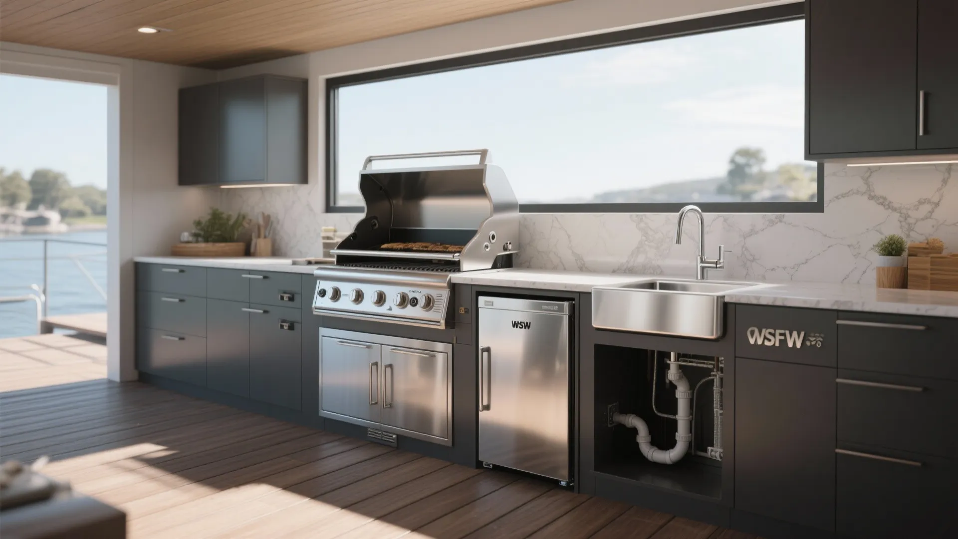 3. Built-in grill with integrated fridge and sink