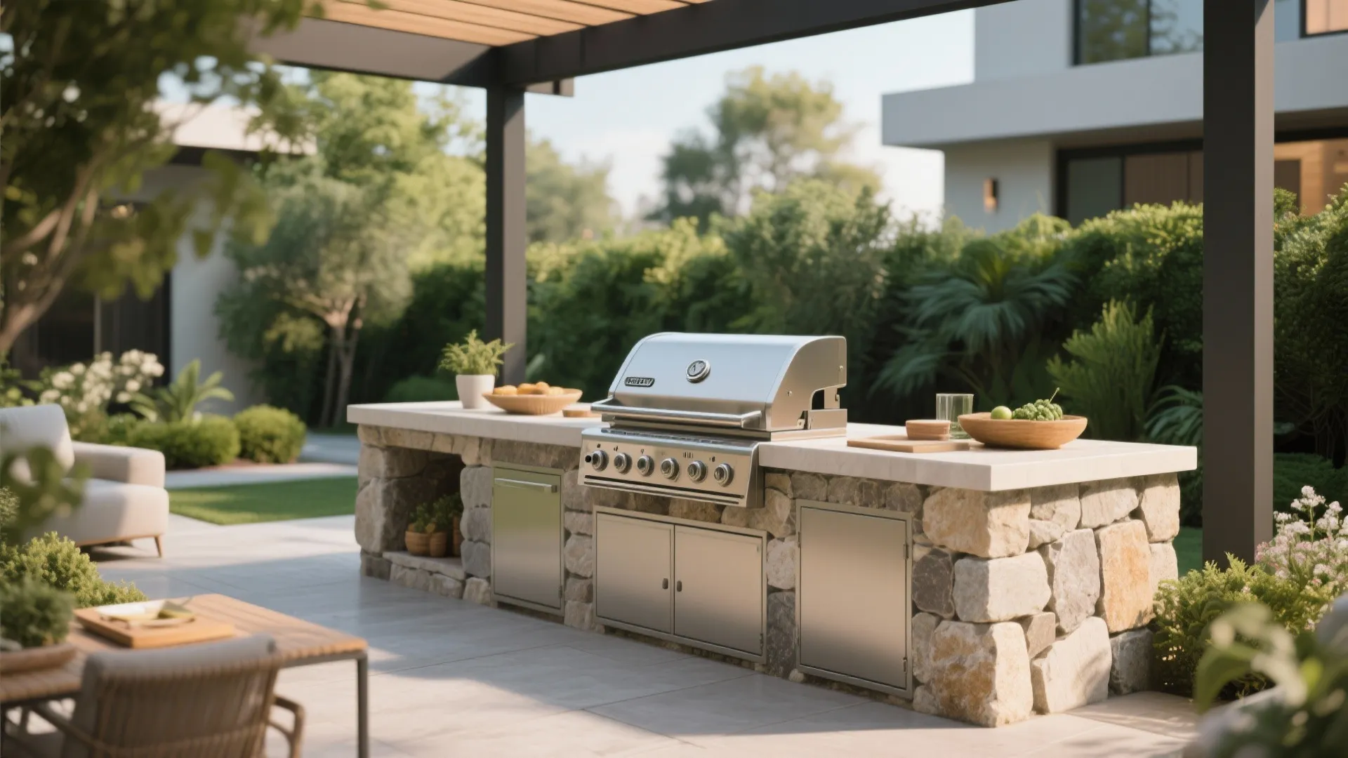 Outdoor stone kitchen with large stainless steel grill on white countertop and lush green garden