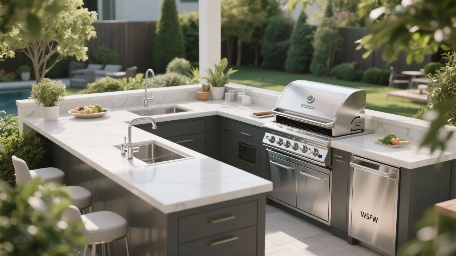 Outdoor kitchen with built-in grill station and prep area