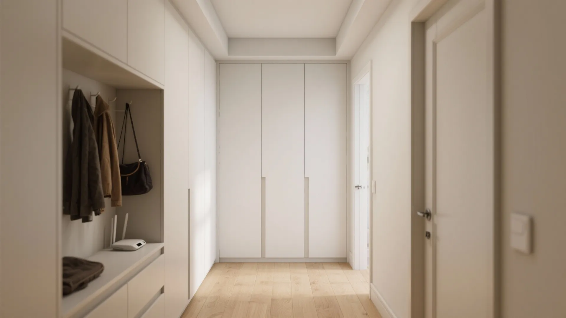 Clean white hallway with built in cabinet clothes hooks wood flooring and neutral wall paint