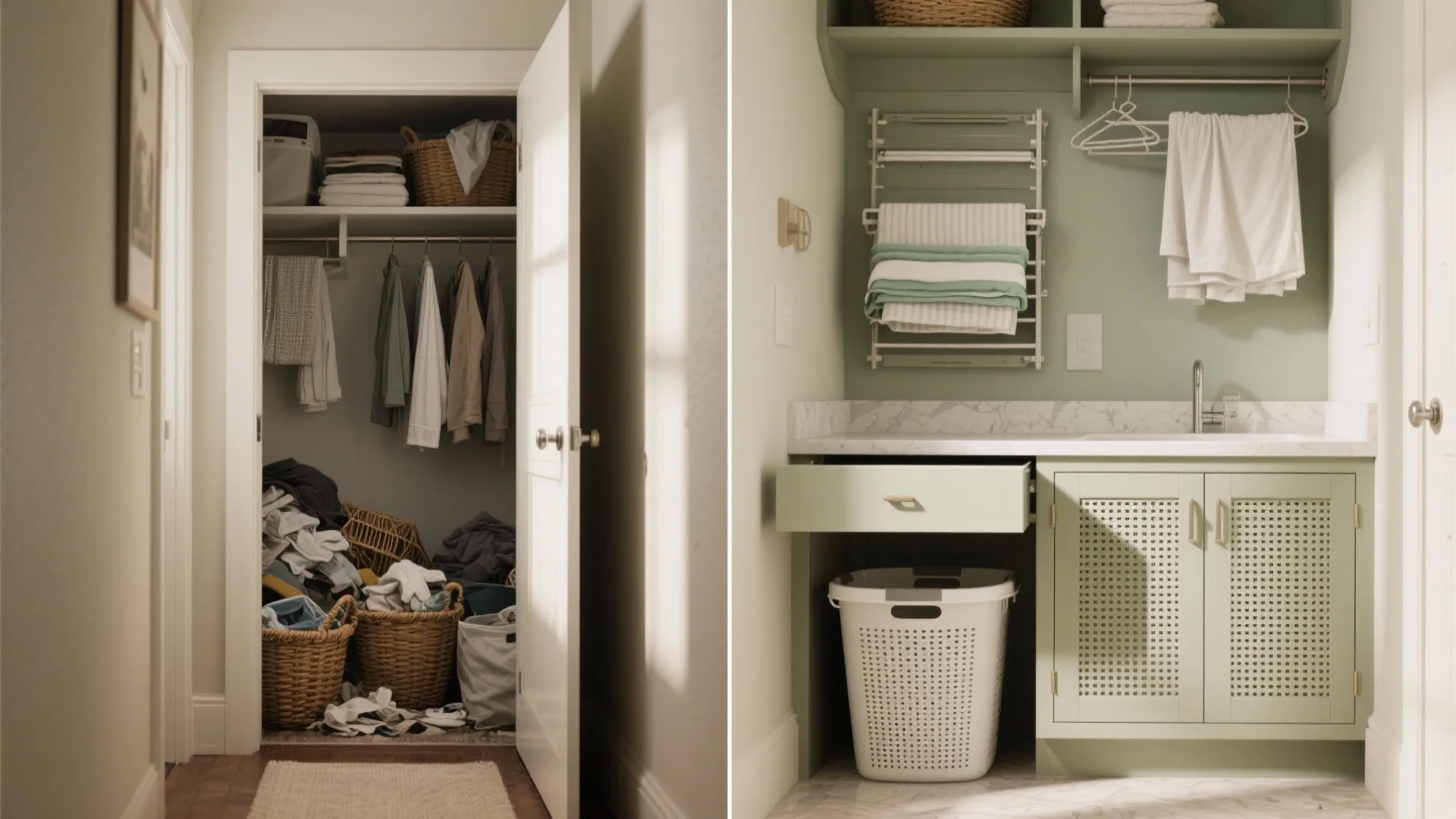 Before and after laundry room renovation showing messy closet next to clean green cabinet design