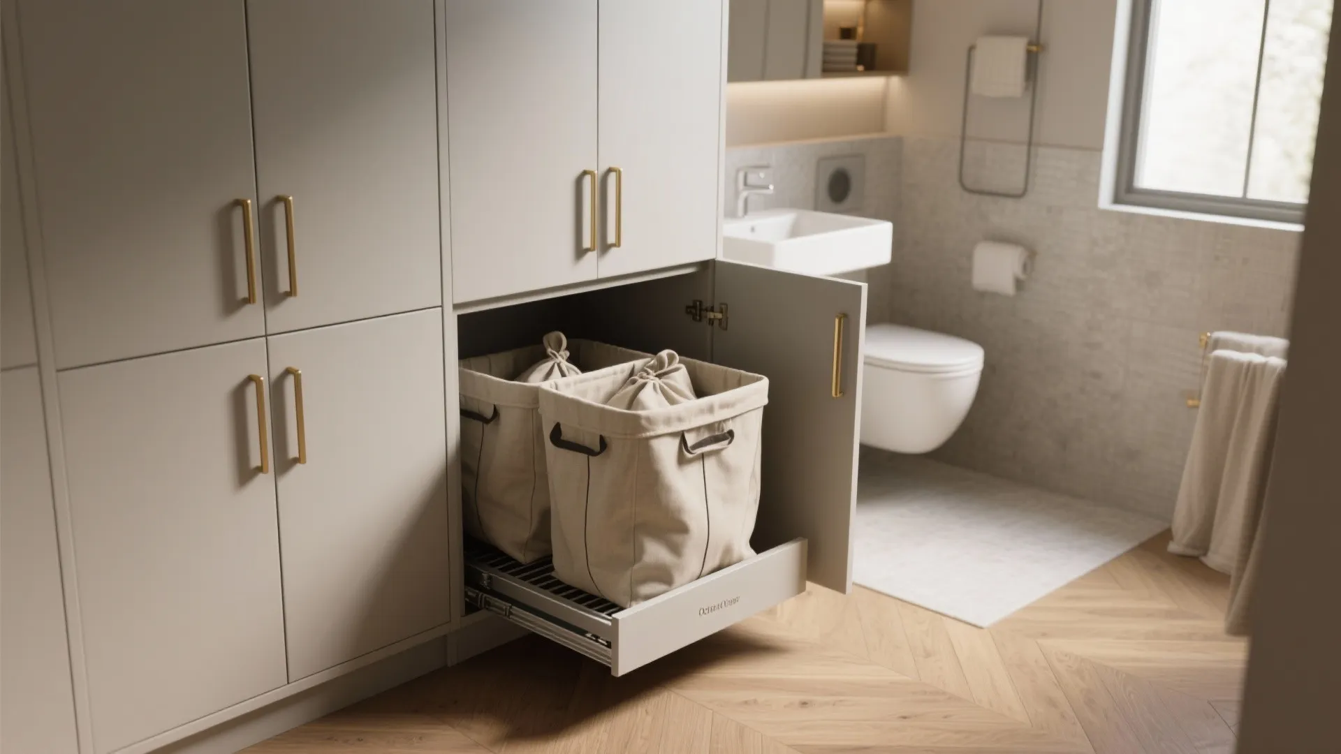 Built-in pull-out cabinet hamper with removable fabric bags inside a modern bathroom-laundry nook.