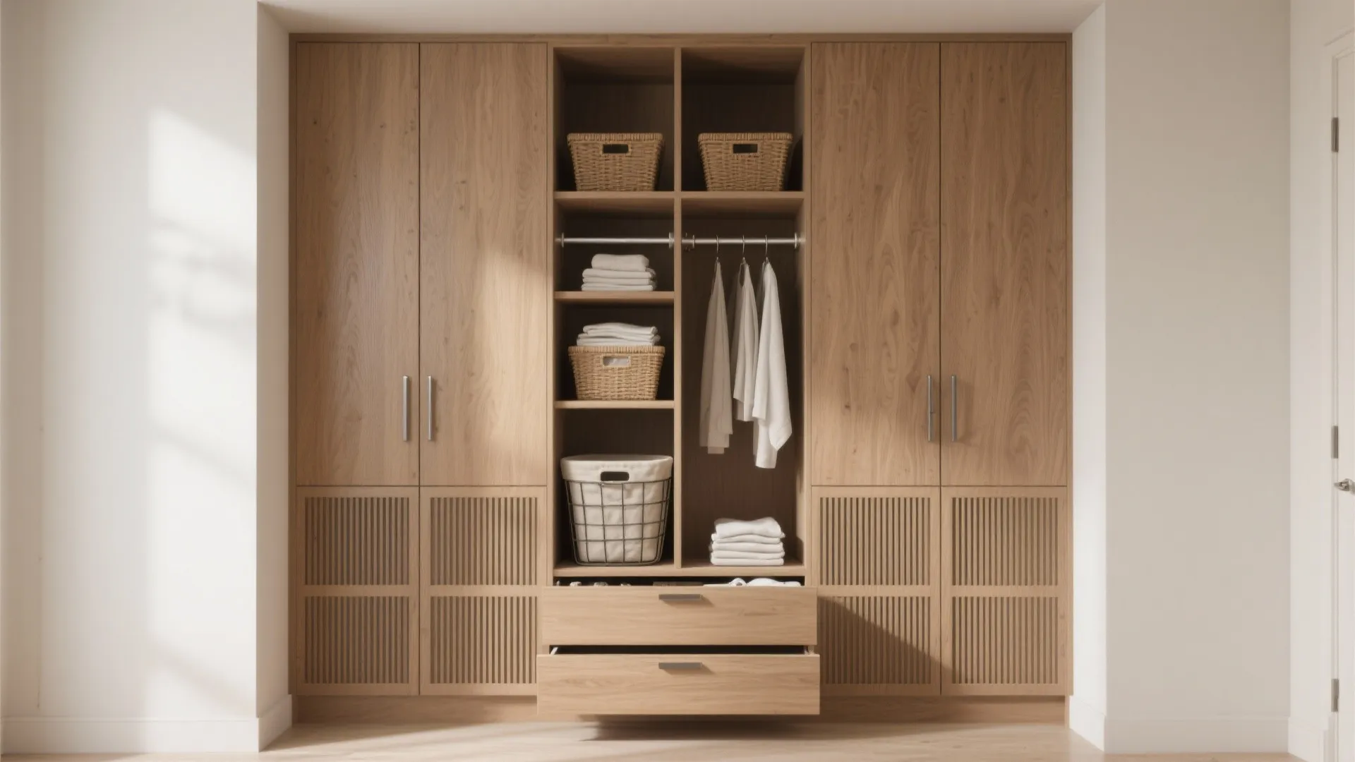 Built-in cabinetry with integrated hamper and drying rod