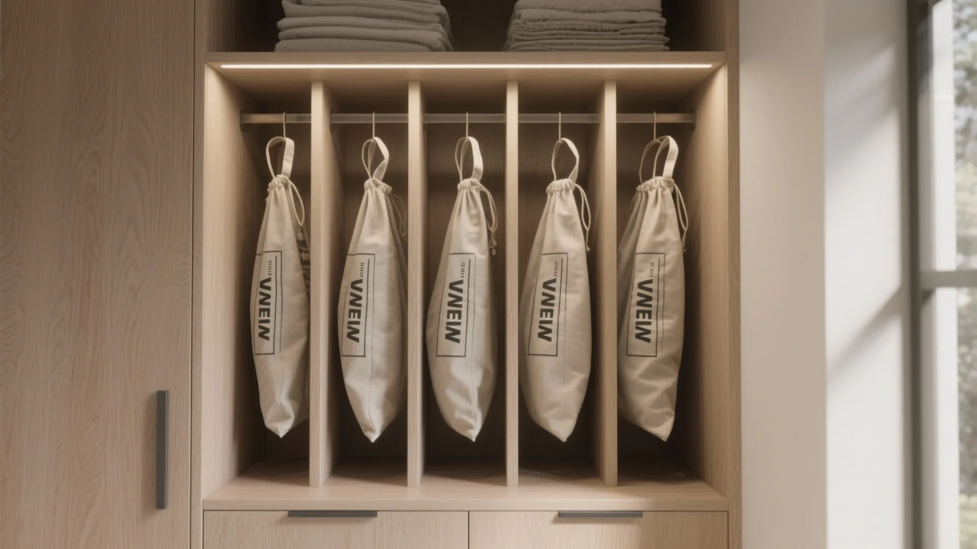 Five laundry bags hanging in wood cabinet sections under folded towels with warm built-in light