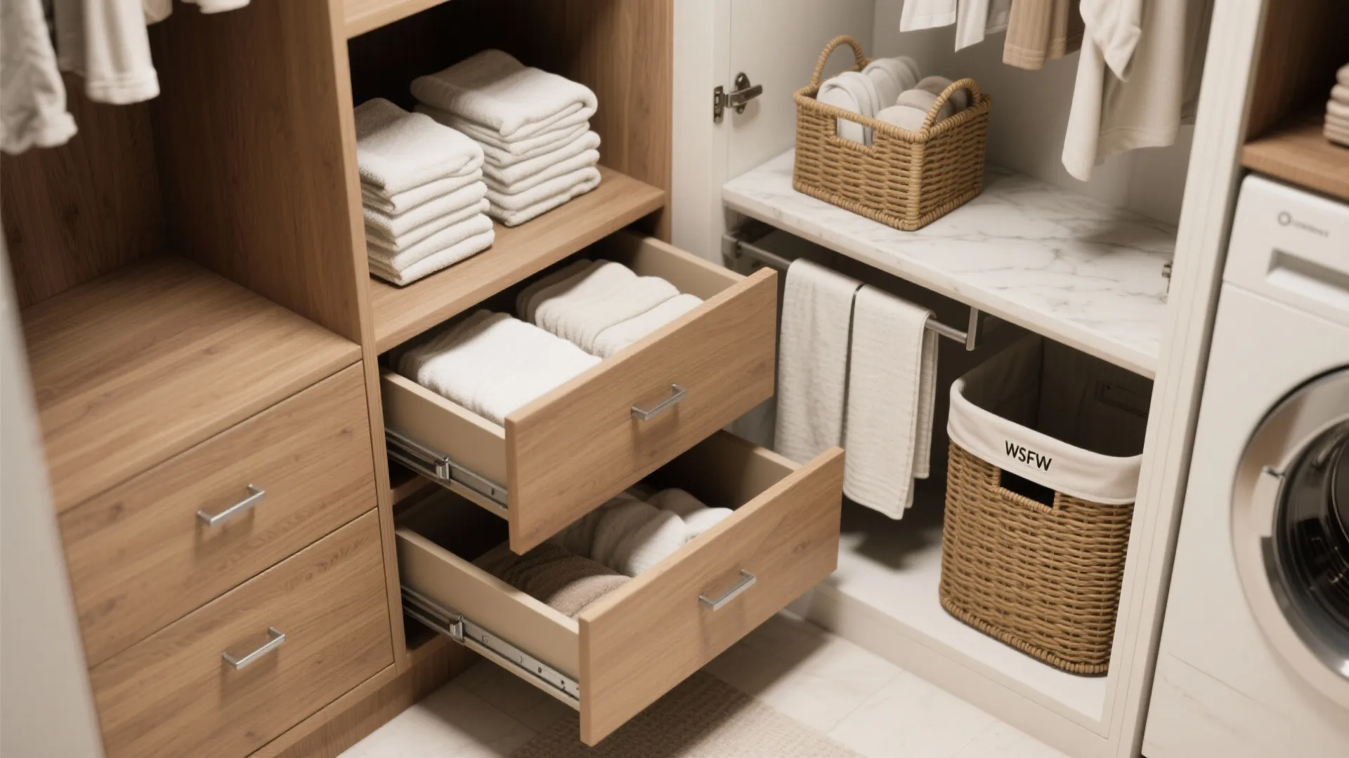 Wooden cabinet with open drawers holding towels and a laundry basket next to washing machine