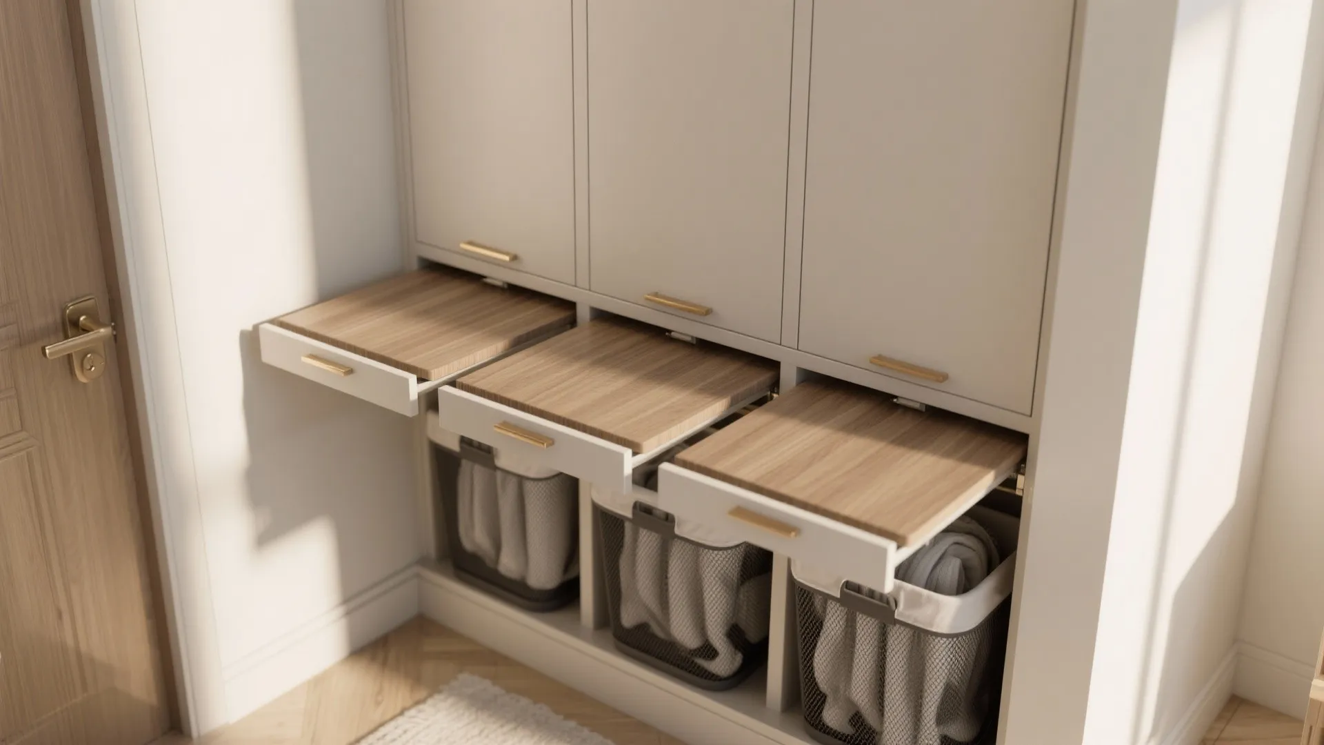 3. Built-in hamper system with lids
