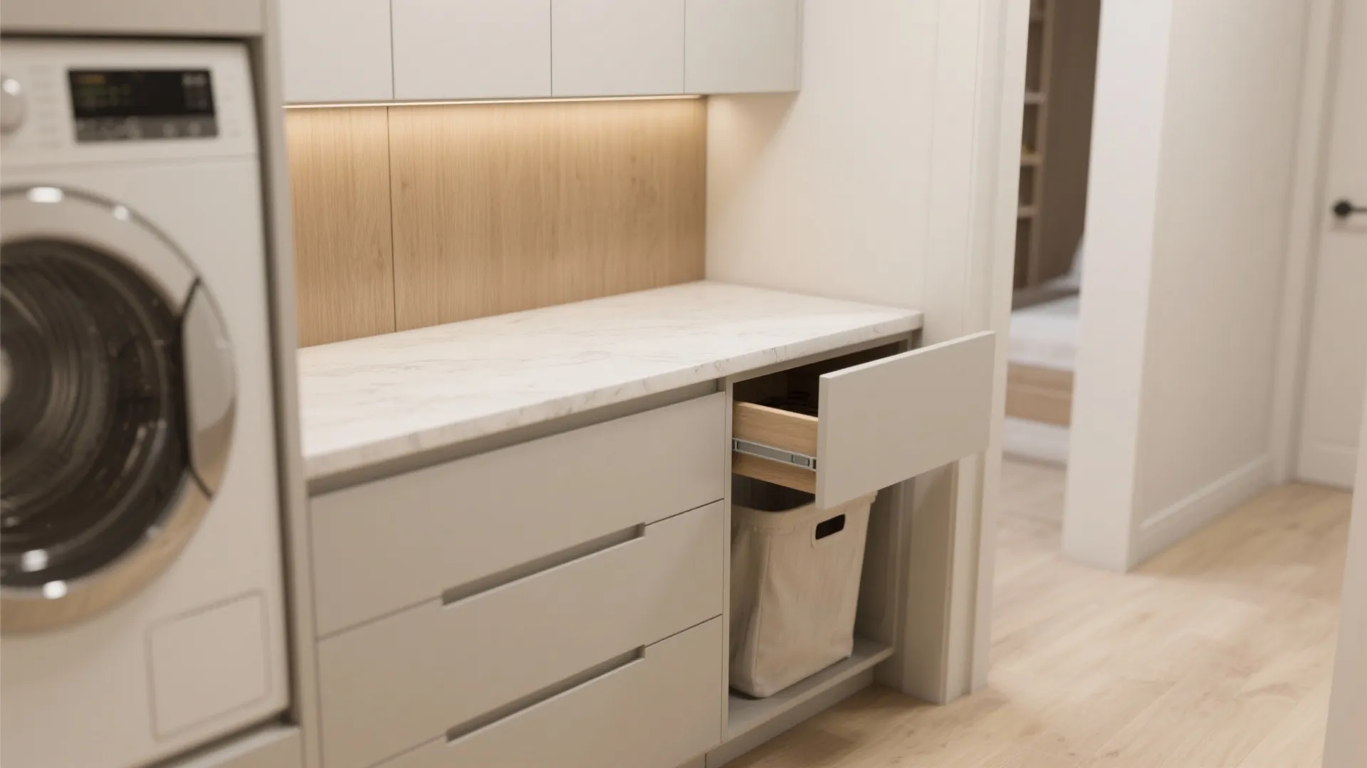 5. Built-in cabinet with countertop and hidden hamper