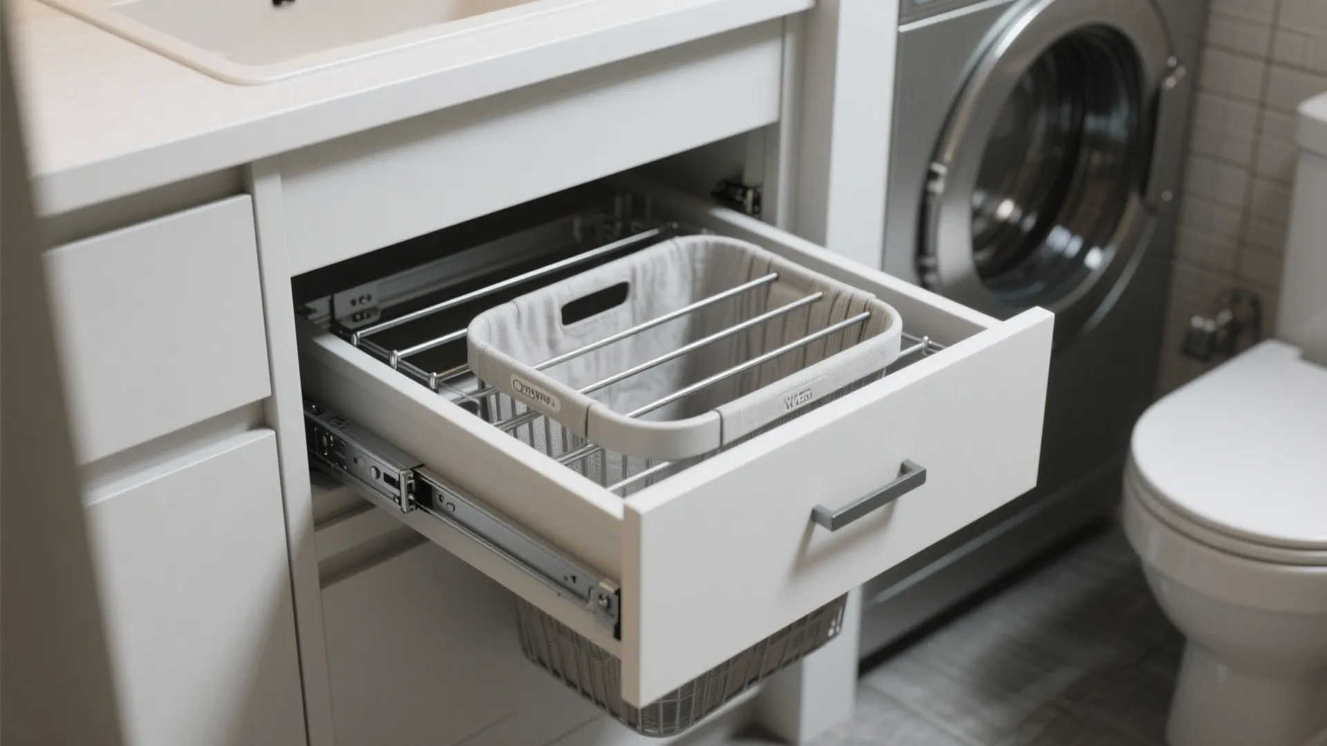 White bathroom cabinet with open pull out drawer featuring a laundry basket inside near washer