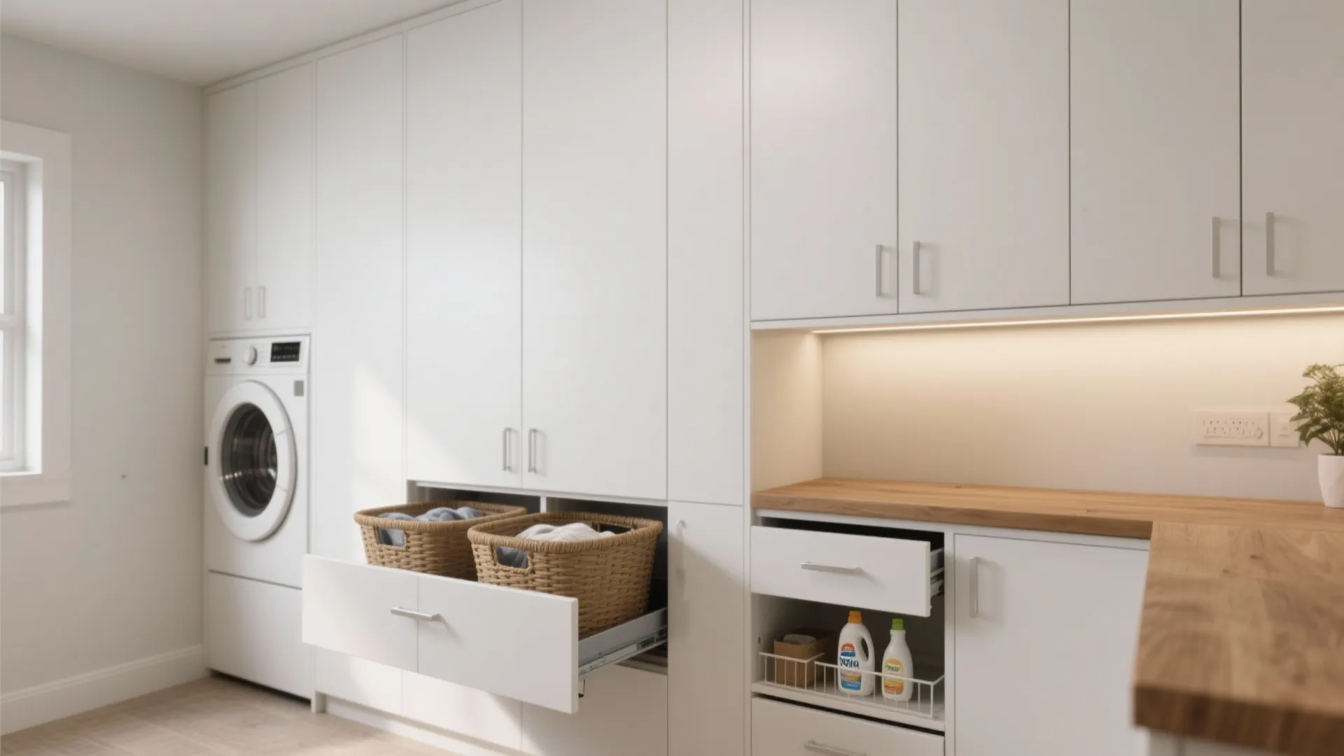 Modern white laundry room storage with open drawer baskets wood countertop and built in washing machine