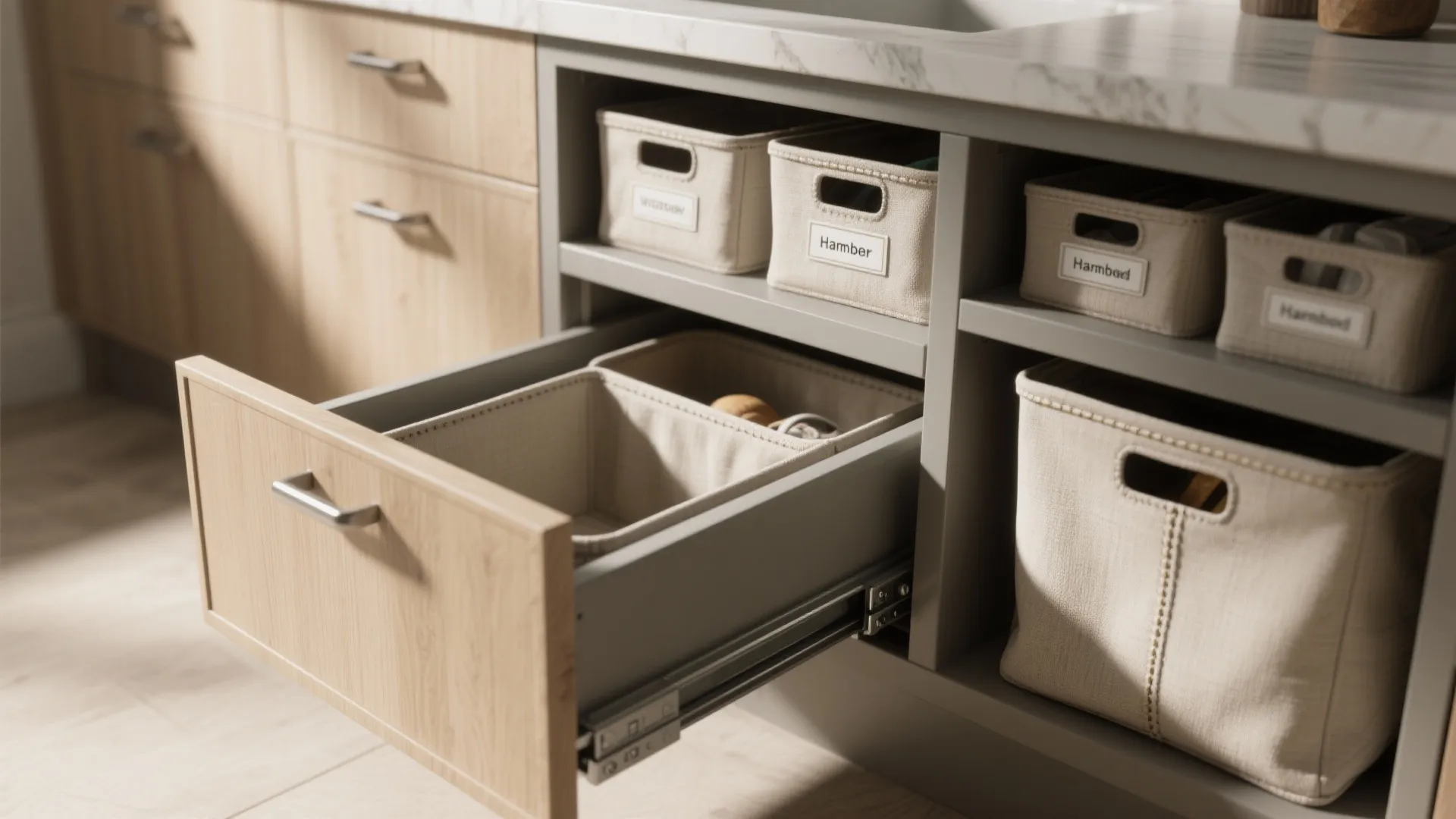 2. Built-in hampers and sorted laundry bins