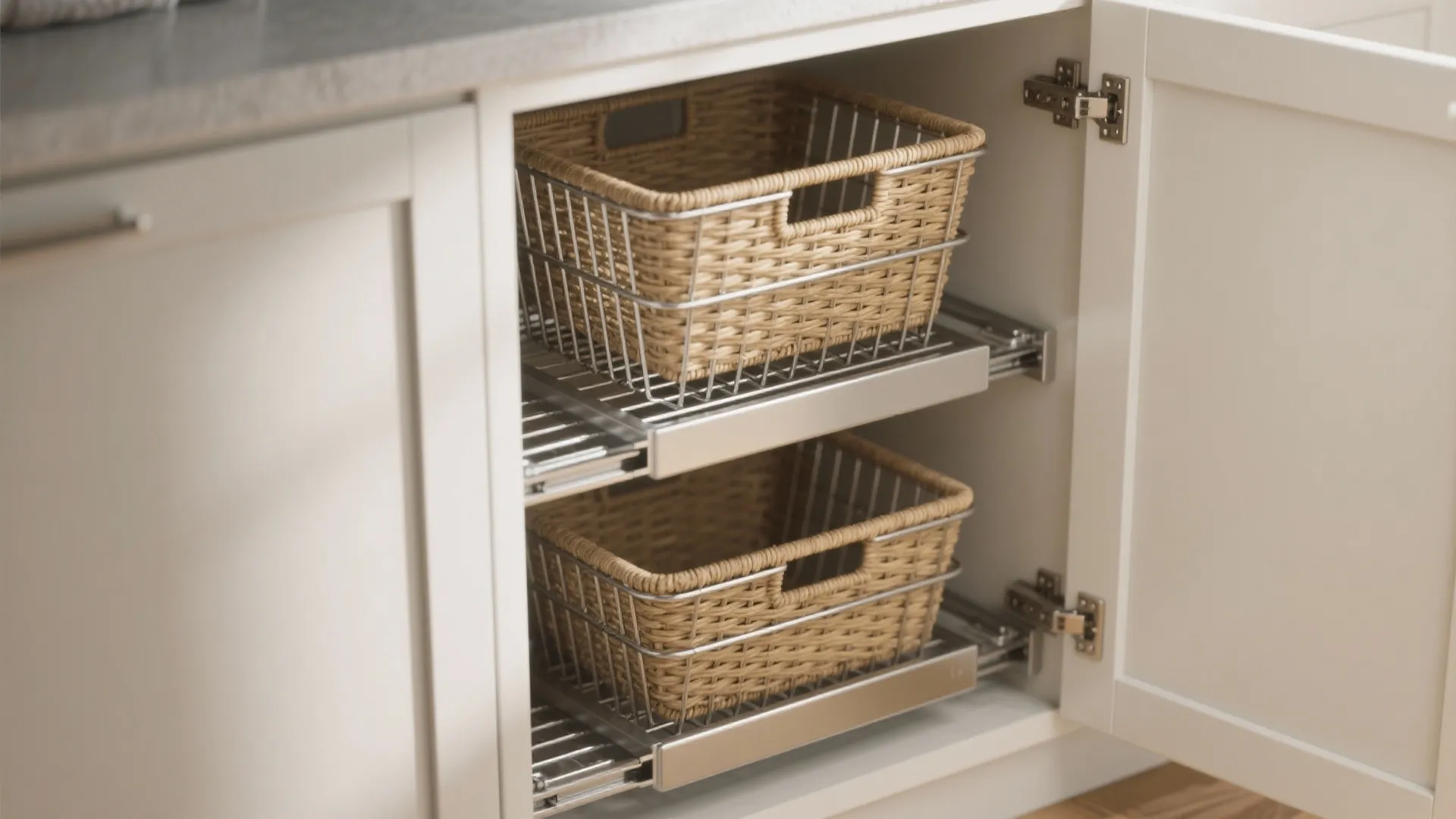 Two woven storage baskets on pull out metal slides inside a white laundry storage cabinet