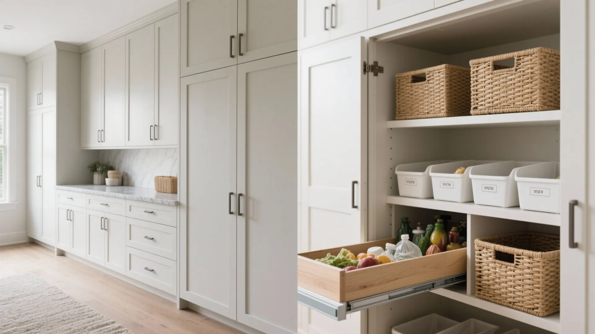 Split-view of built-in laundry cabinetry closed and open to reveal pull-out hampers and a folding ledge in a compact room.