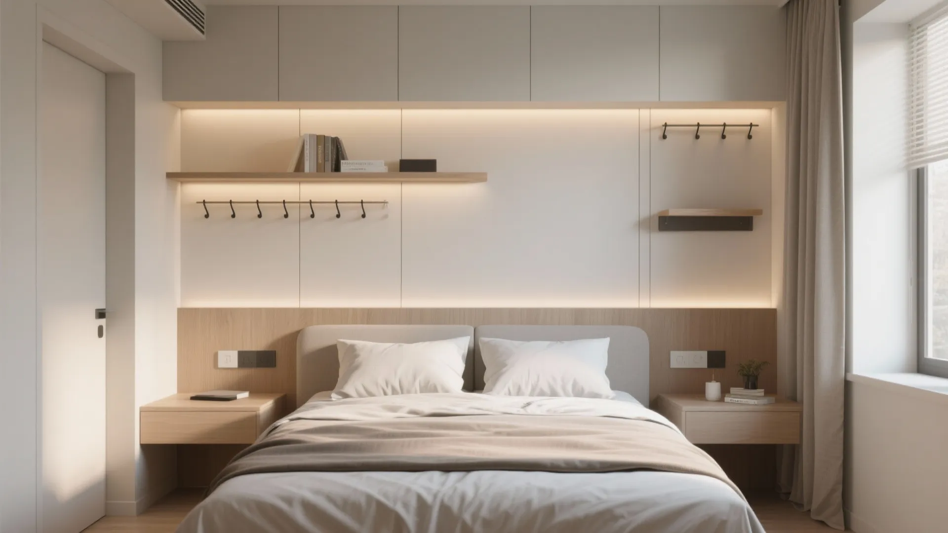 4. Functional Wall: Built-In Headboard, Storage & Hooks