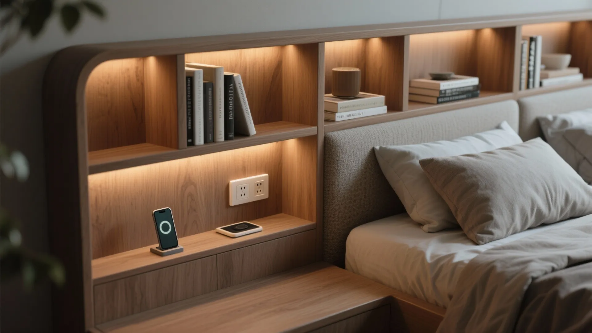 Modern wood headboard with built in shelves warm light books phone charger and comfortable bedding