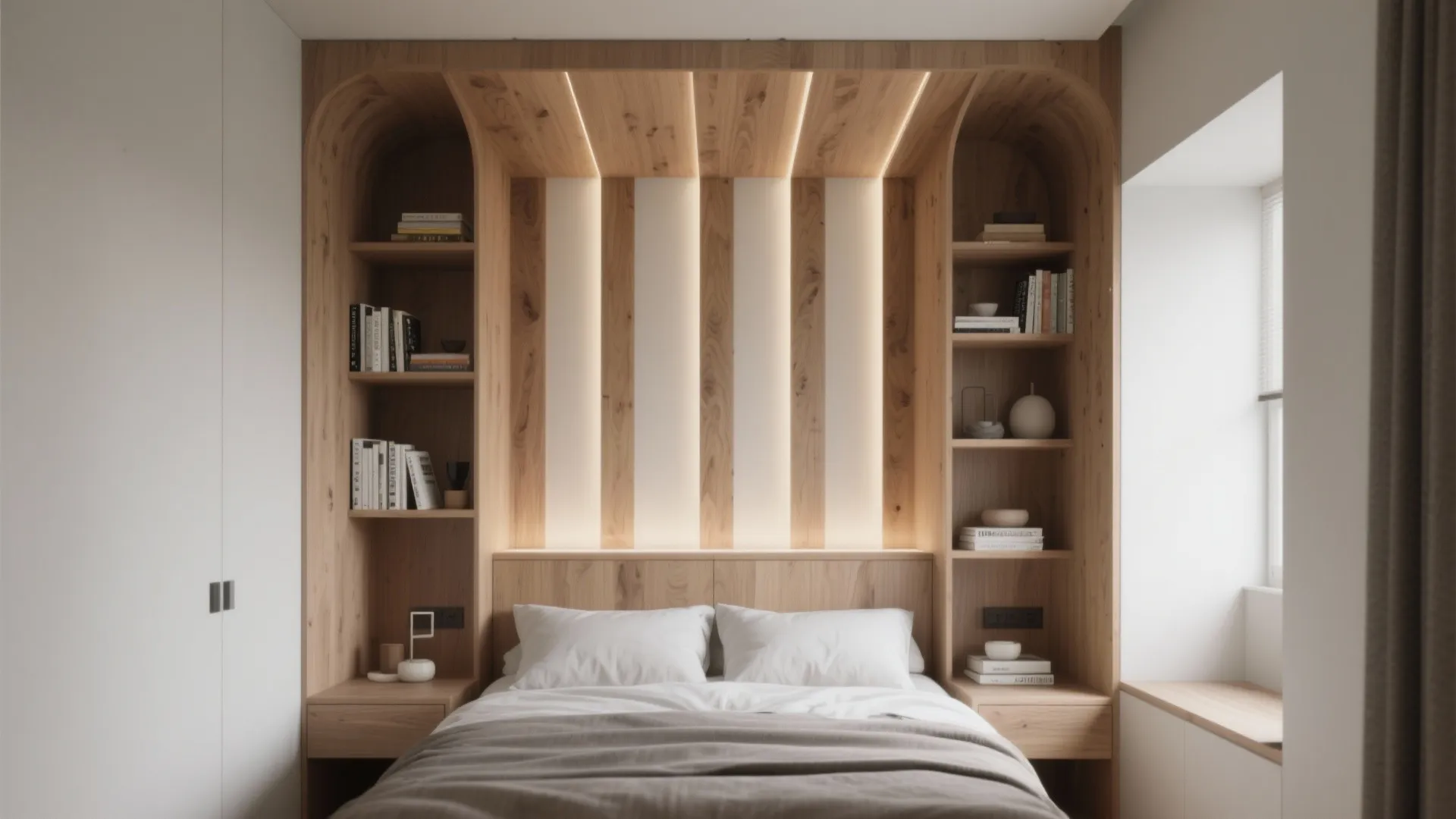 3. Built-in shelving headboard with integrated posts