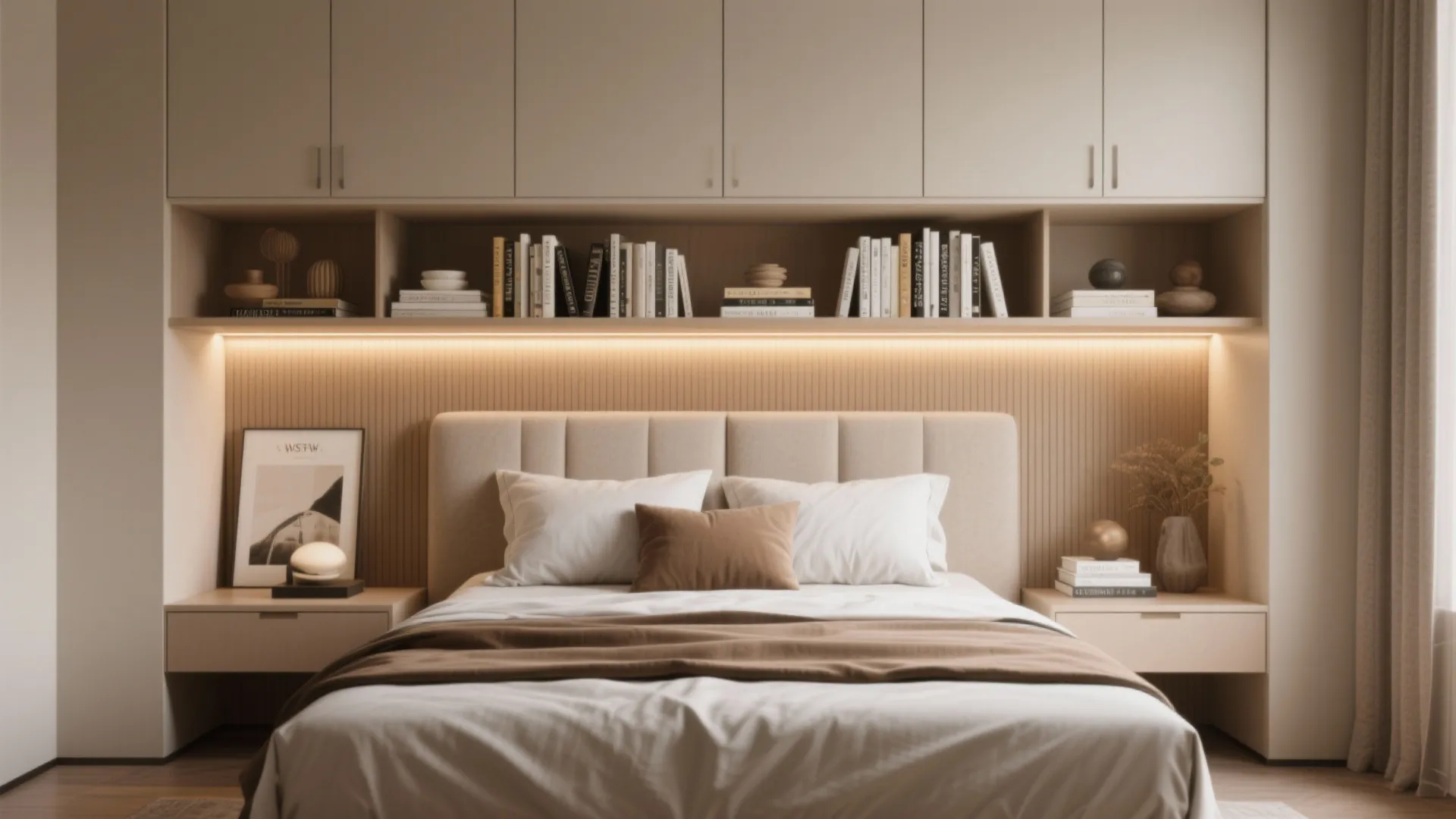 Cozy bedroom with wall panel storage shelves books built in light fixture and beige bedding