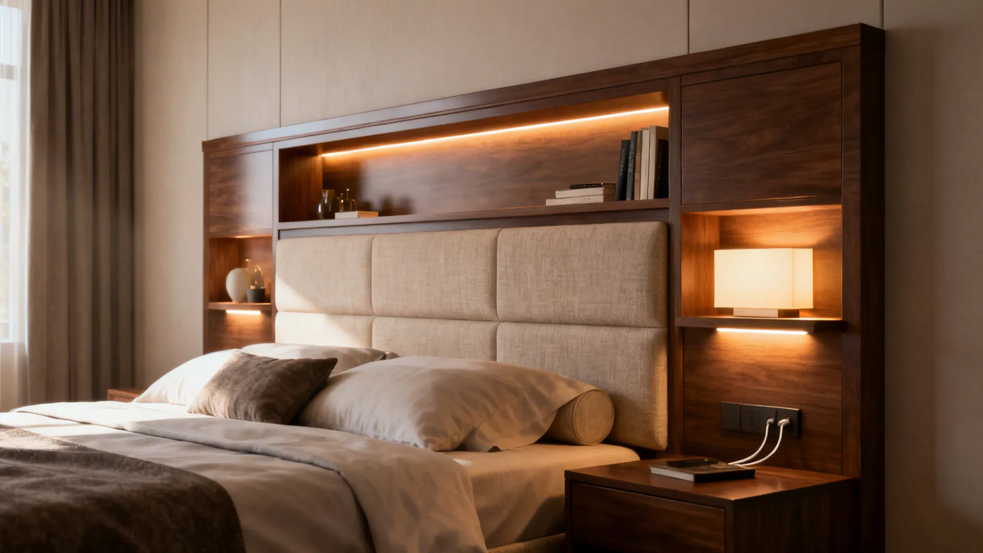 Built-in headboard with recessed shelves and integrated reading lights in a small bedroom