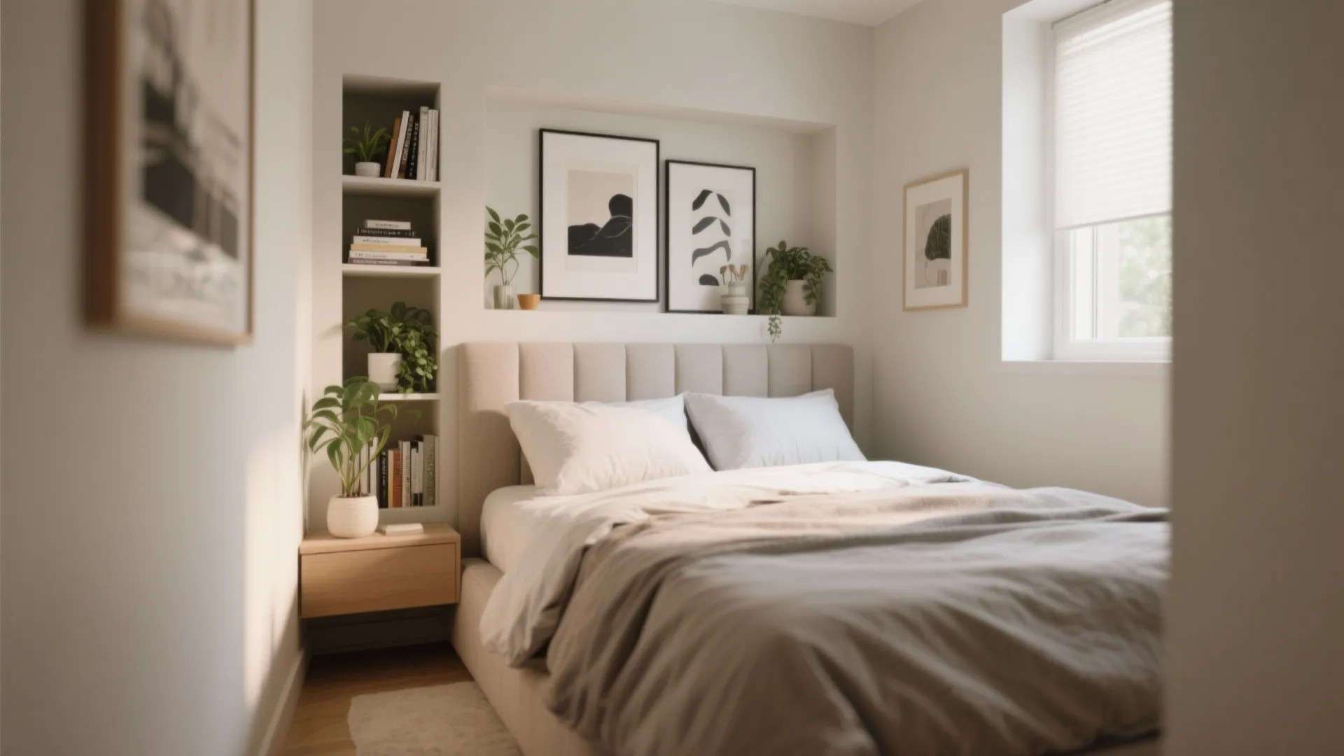 Small bedroom with wall shelf above bed containing books plants and framed black white wall art
