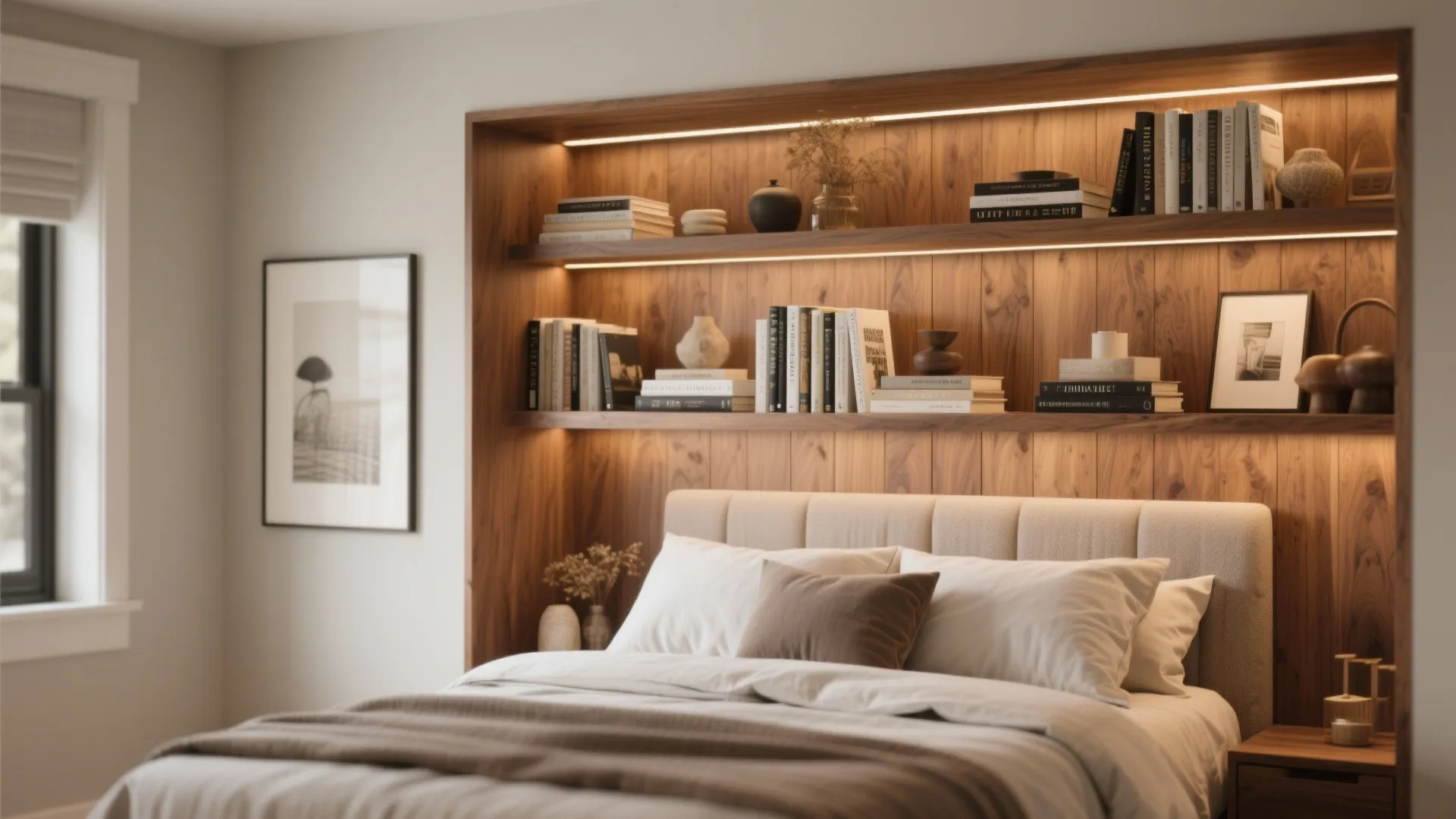 4. Built-in Headboard with Shelving