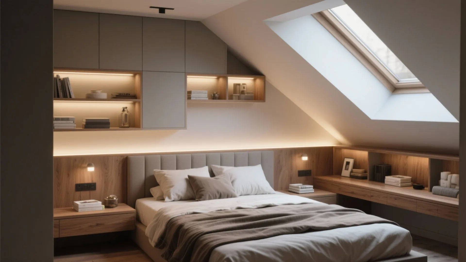 Attic bedroom with sloped ceiling roof window built in wooden cabinets and warm soft lighting