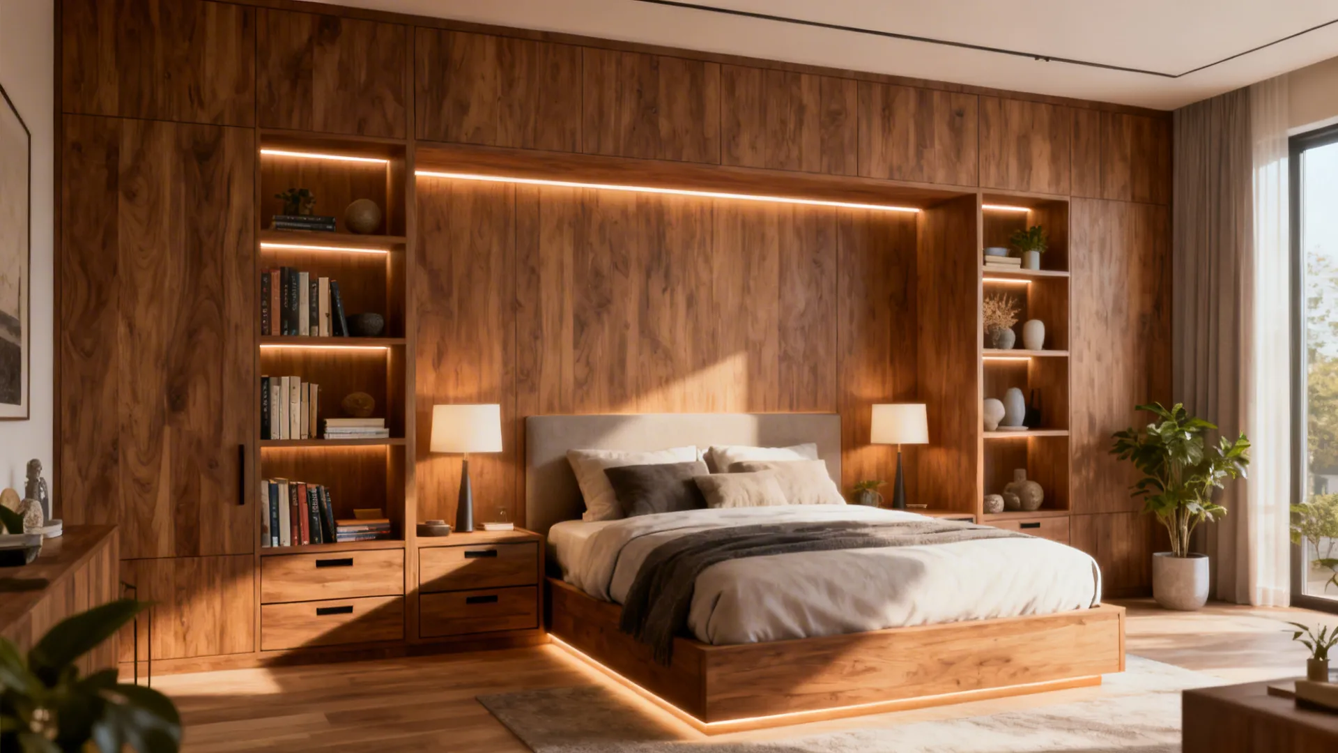 Bedroom headwall with recessed shelving and concealed cubbies around a king bed to maximize storage.