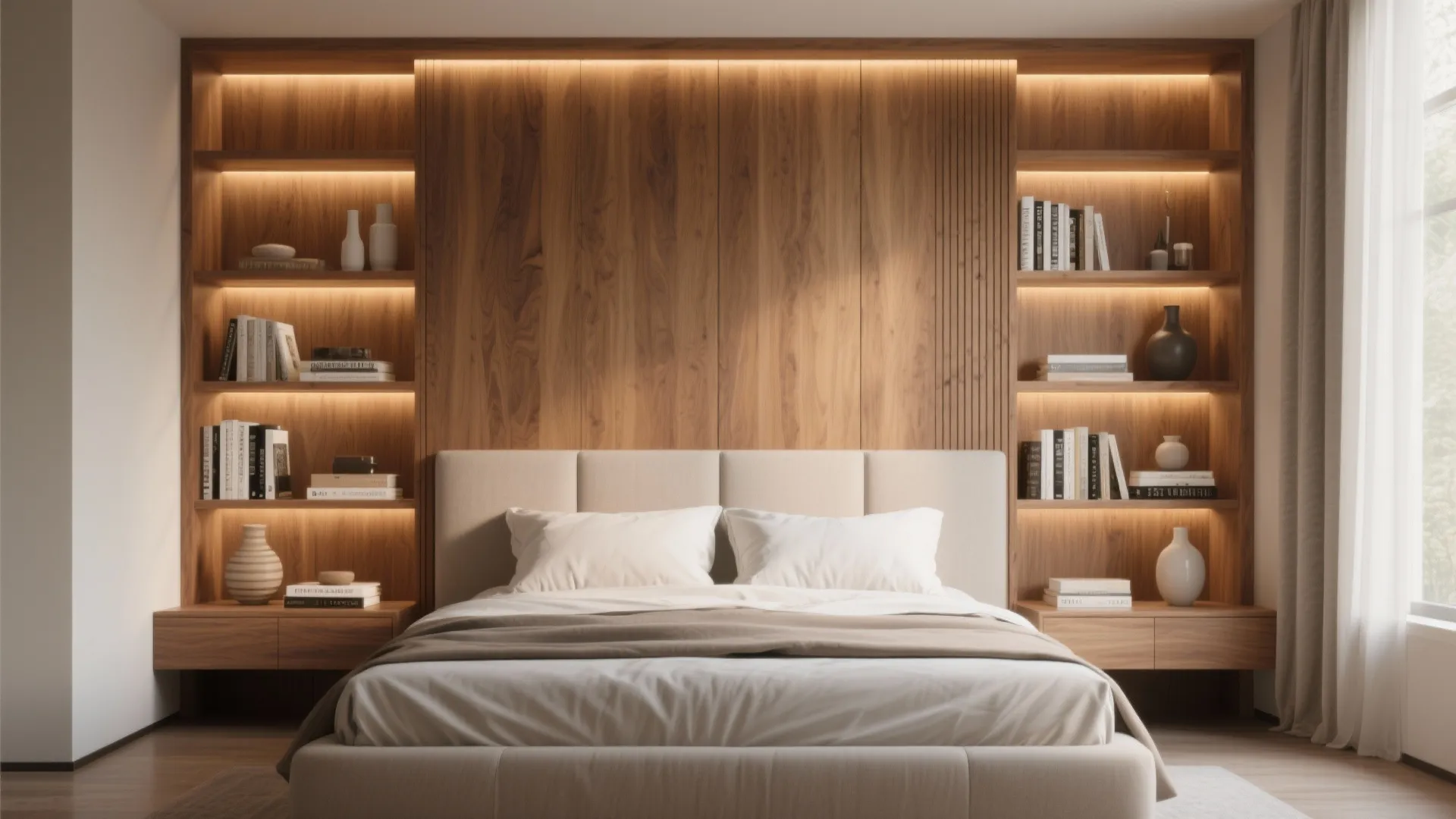 Wooden wall panel behind bed with built-in lighted shelves containing books and many small vases