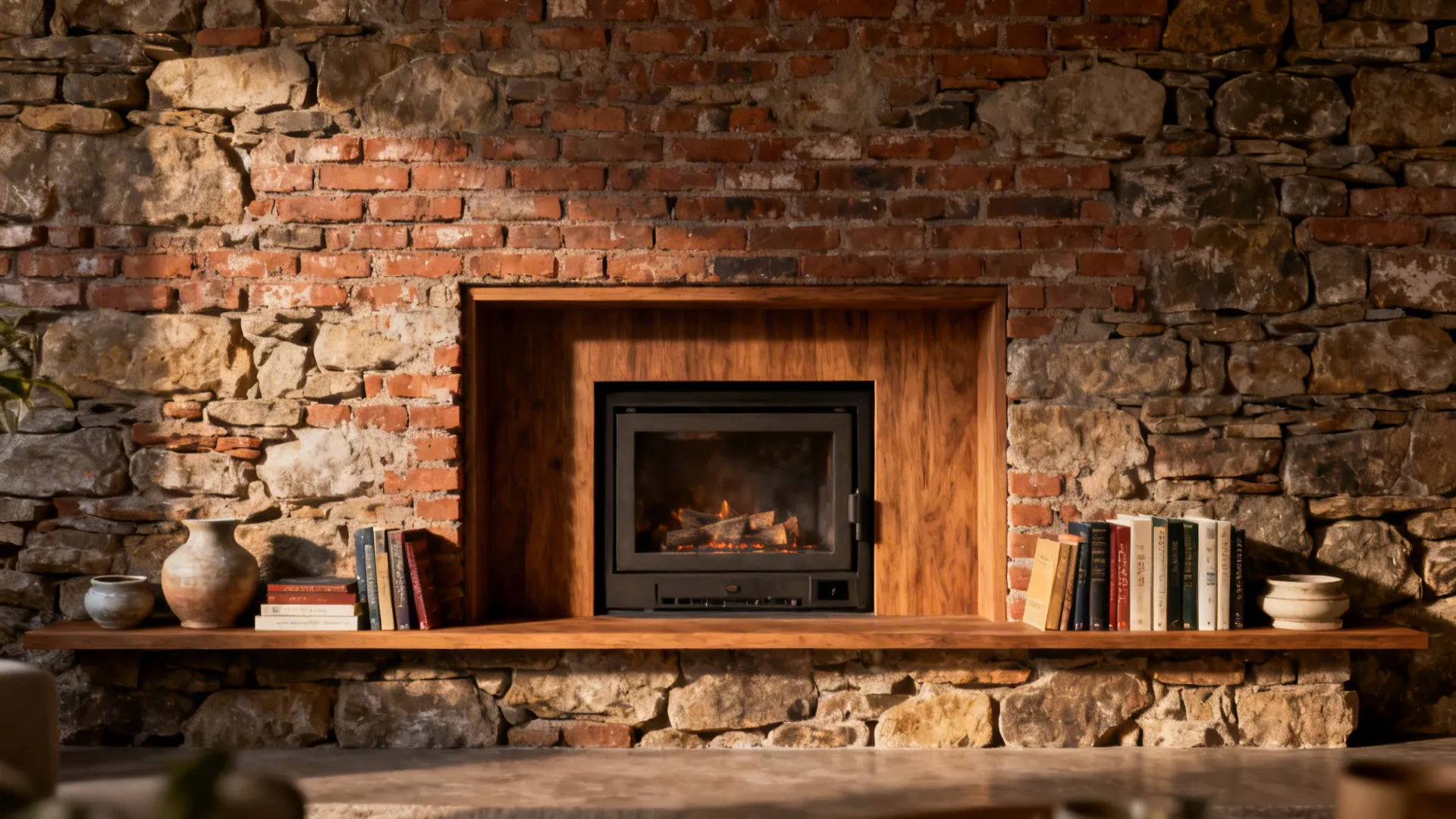Black fireplace inside a wood frame surrounded by brick and stone walls with books on shelf